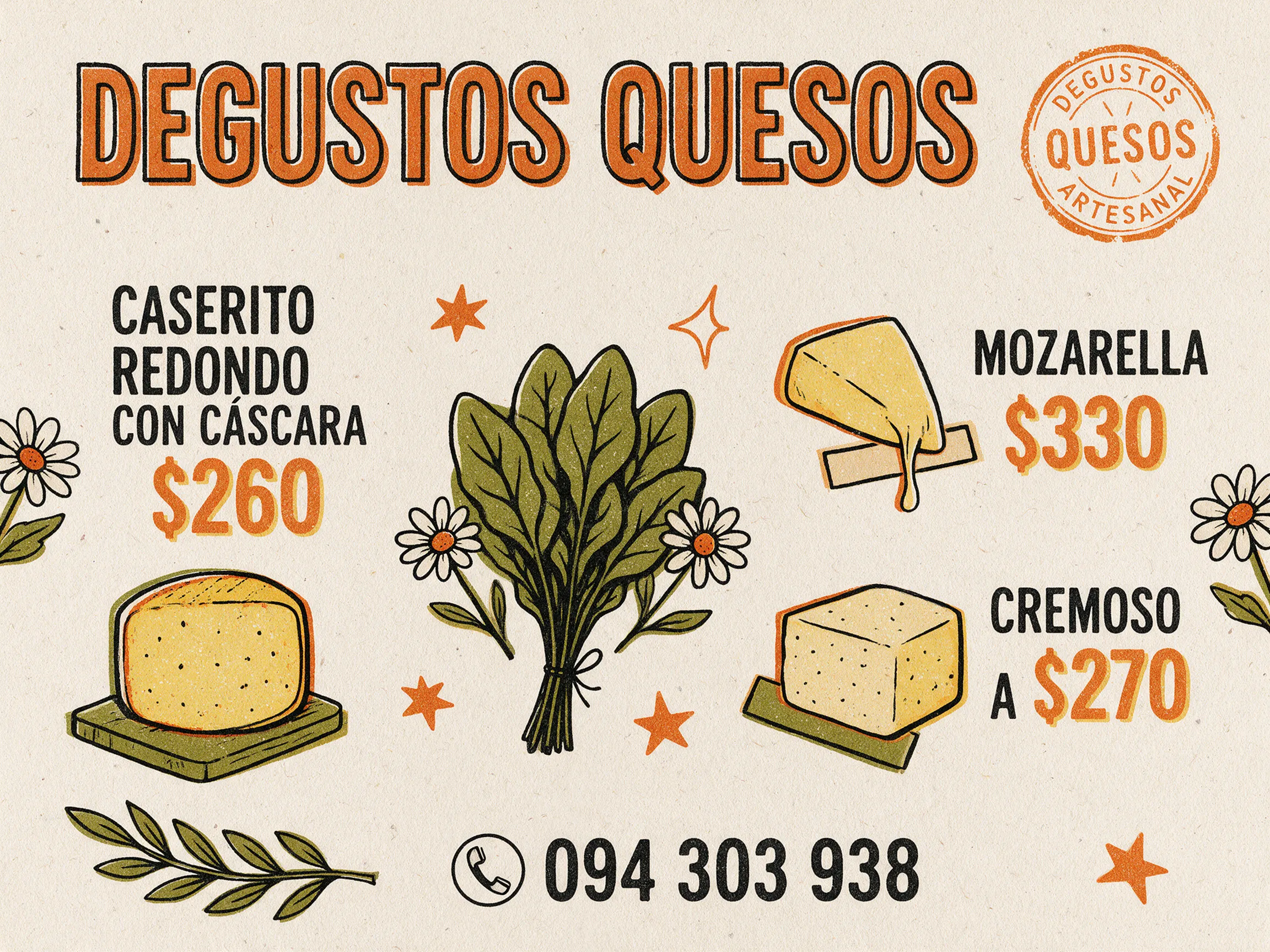 Quiero una tarjeta como para promocionar quesos para poder ofrecerse los a los comercios lo que quiero que ellos sepan es que el título es Degustos Quesos CASERITO REDONDO CON CÁSCARA $260 MOZARELLA $330 Y CREMOSO A $270 celular:094 303 938