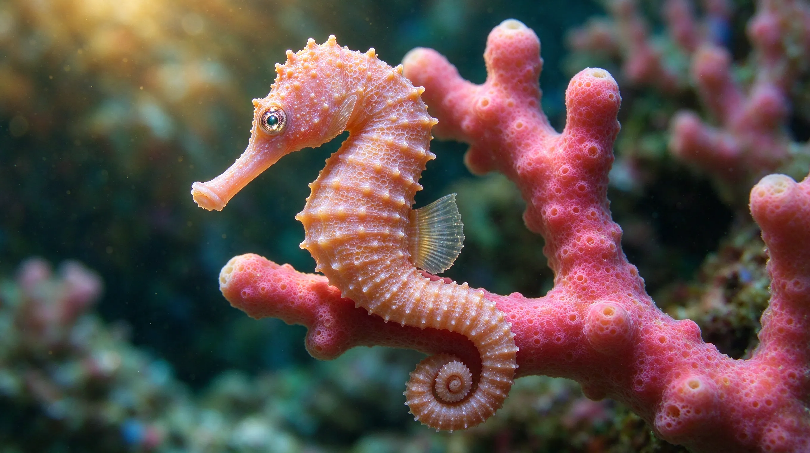A tiny seahorse clinging to a vibrant pink coral branch, macro photography, extreme detail on its textured skin, soft bokeh background of blurred reef, warm underwater lighting, National Geographic style, 8k