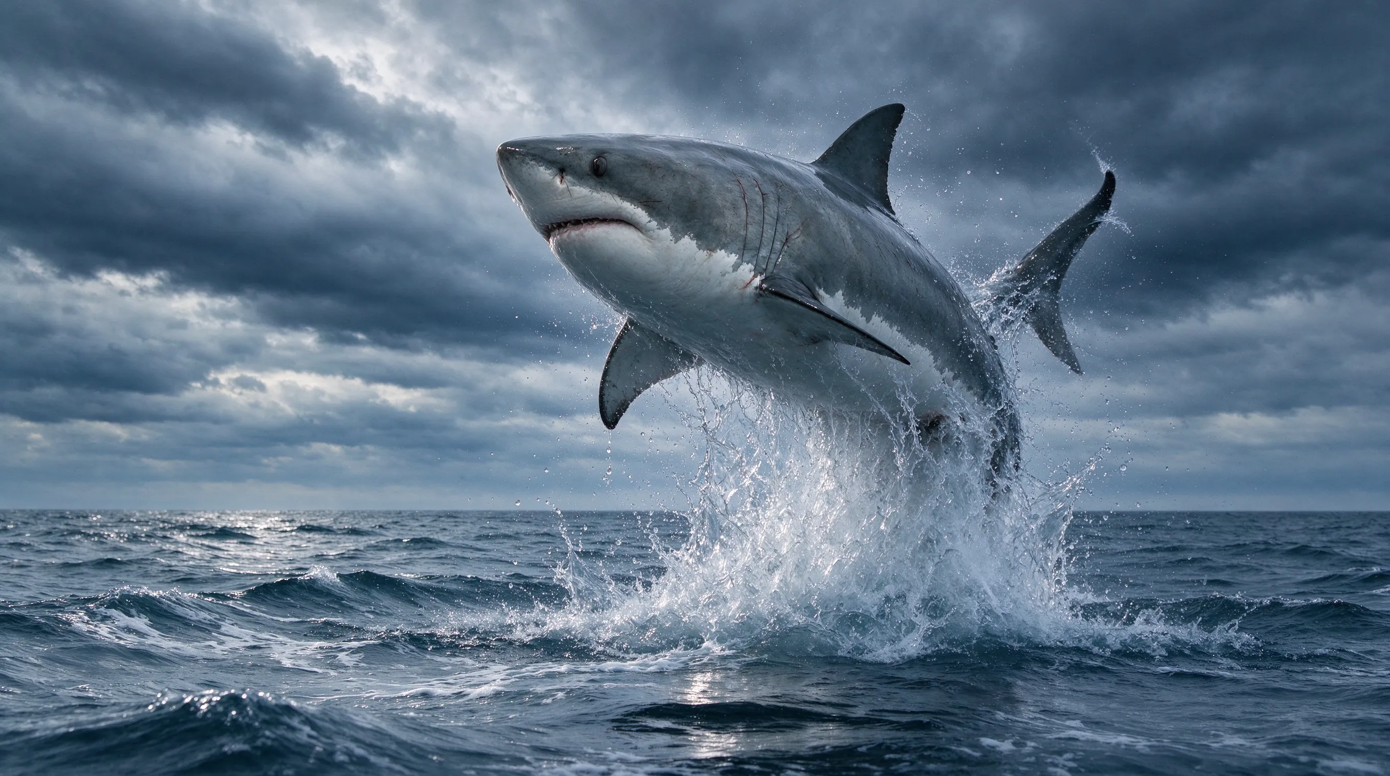 A great white shark breaching fully out of the ocean surface, water exploding around it, dramatic overcast sky, frozen action shot, hyper-realistic, cinematic lighting, shot with high-speed camera, sharp detail