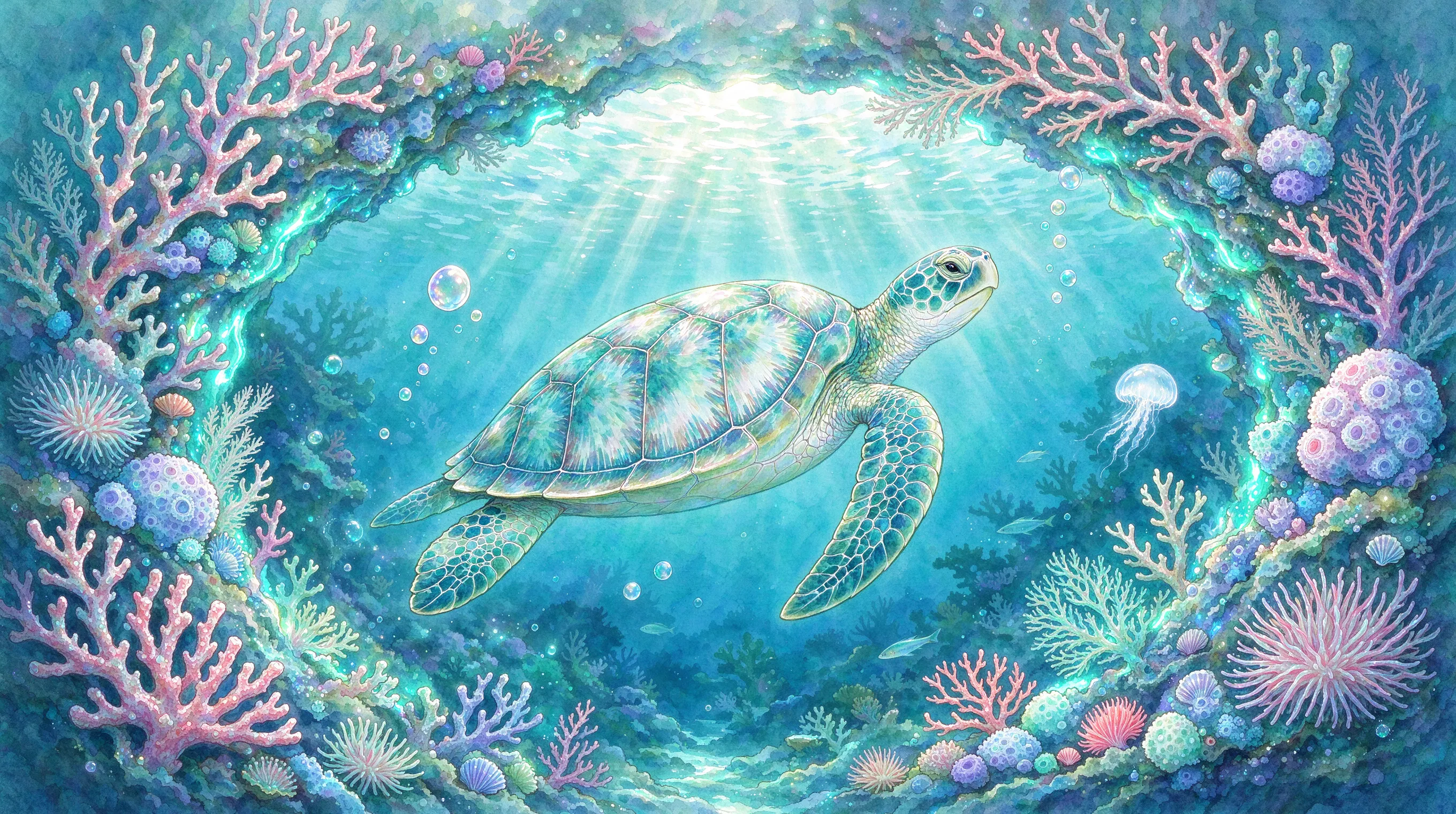 A sea turtle swimming through a magical underwater world filled with glowing coral and floating bubbles, stylized painterly illustration, pastel and teal color palette, whimsical and serene, storybook art style, highly detailed