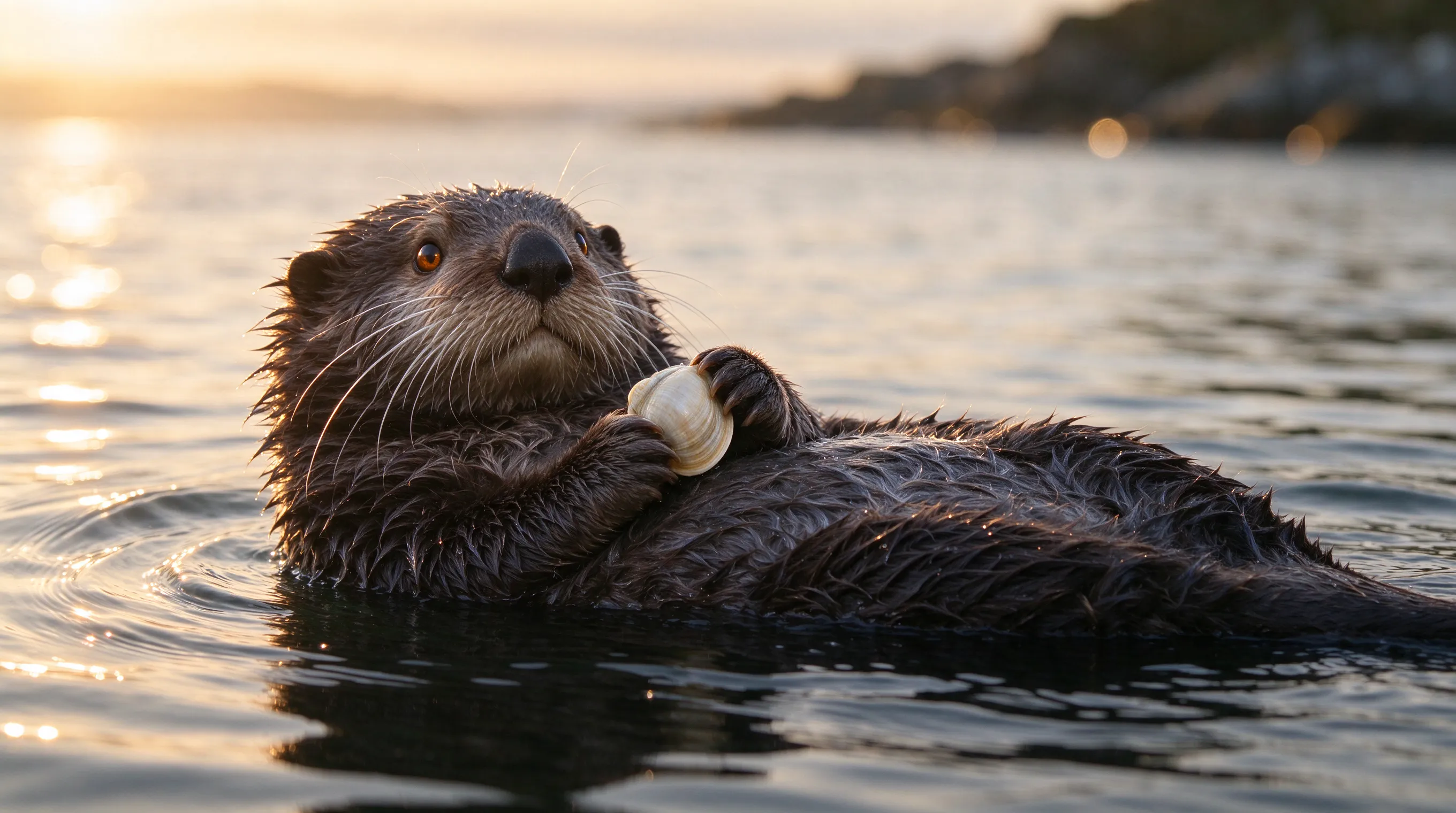A sea otter floating on its back in calm ocean water, holding a small shell, soft morning light, gentle ripples, cute and cozy mood, professional wildlife photography, shallow depth of field, warm color tones