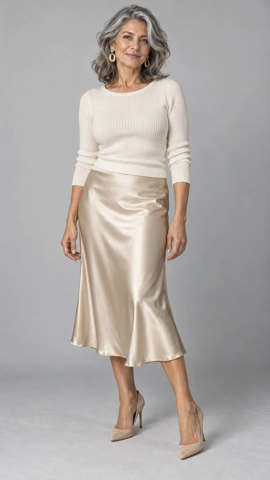 Create a photorealistic full-body luxury fashion portrait of a 56-year-old Mediterranean woman, approximately 170 cm tall, with a naturally mature, proportionate figure, warm olive skin, hazel eyes, and shoulder-length silver-gray hair styled in soft natural waves. Preserve age-appropriate facial details, including subtle lines around her eyes and mouth, without making her appear artificially aged. She wears a fitted ivory knit top, a champagne satin midi skirt, sculptural gold earrings, and elegant beige heels. Her posture is graceful and confident, with relaxed arms and natural weight distribution. Use soft diffused studio lighting that retains realistic skin texture and rich hair detail, a seamless light-gray background, gentle floor shadows, precise satin highlights, refined luxury fashion catalog photography, full body and both shoes visible, vertical 9:16 aspect ratio. No text, no watermark, no excessive smoothing.