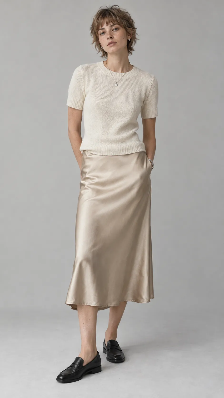 Create a photorealistic full-body fashion portrait of a 25-year-old British woman, approximately 173 cm tall, with a slim, straight silhouette, fair skin with prominent natural freckles, light brown eyes, and a short textured dark-blonde shag haircut with irregular bangs. Her look is modern and slightly androgynous. She wears a structured ivory short-sleeve knit top, a champagne satin midi skirt with clean lines, minimalist silver jewelry, and sleek black loafers. Her expression is thoughtful and understated, with minimal makeup and realistic skin texture. Use a relaxed editorial pose, natural shoulder alignment, and accurate body proportions. Seamless pale-gray background, soft diffused studio lighting, subtle floor shadows, detailed hair strands and garment texture, contemporary independent fashion brand photography, complete head-to-toe composition, vertical 9:16. No text, no watermark, no exaggerated femininity.