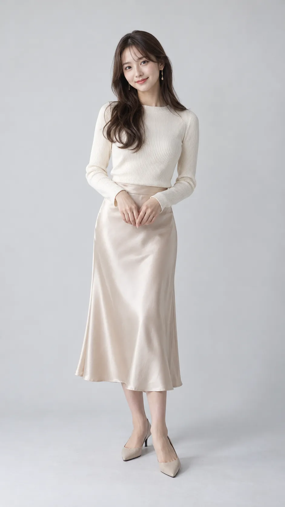 Create a photorealistic full-body studio fashion photograph of a 26-year-old Japanese woman, approximately 158 cm tall, with a petite, naturally proportioned figure, fair neutral skin, dark brown eyes, and long dark chestnut hair styled in soft loose waves extending below her chest. She wears a fitted ivory knit top, a champagne satin midi skirt tailored to her height, delicate gold drop earrings, and low pointed beige heels. Her expression is gentle and confident, with understated natural makeup and realistic skin texture. Keep her proportions authentically petite, avoiding elongated legs or an artificially oversized head. Soft diffused studio lighting, seamless light-gray background, delicate floor shadows, realistic satin sheen and individual hair strands, premium Japanese fashion e-commerce photography, complete head-to-toe view with both shoes visible, vertical 9:16 aspect ratio. No text, no watermark, no doll-like facial features.