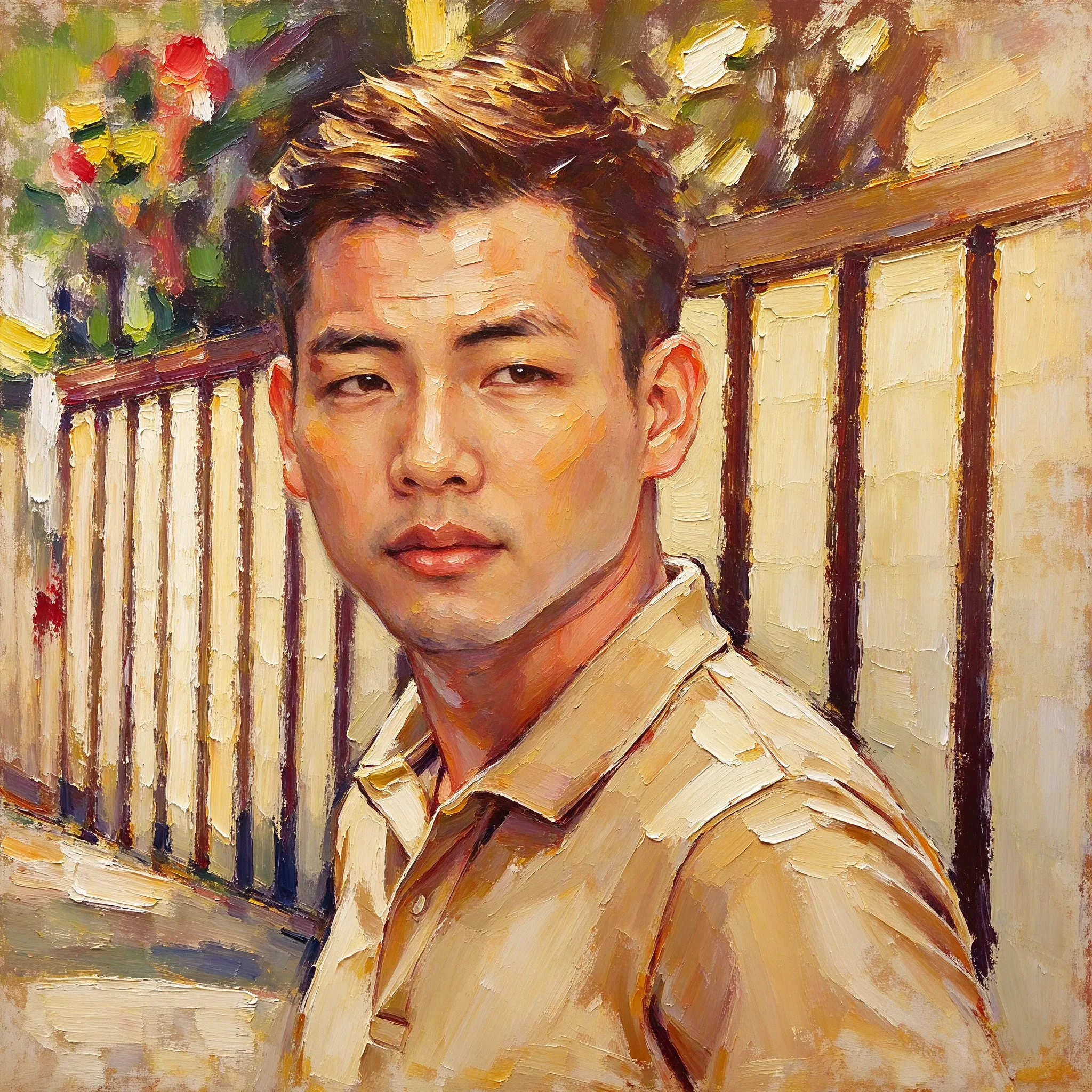 Transform this portrait into a high-end, heavily textured palette-knife abstract oil painting. Reinterpret the source subject not as a photo, but through bold masses of thick, layered impasto paint and energetic color-block collisions. The brushstrokes must be incredibly distinct and chaotic, with raw, scraped edges defining the silhouette cues and emotional energy. While fine facial details are gone, the core posture, emotional tone, and spiritual essence must remain perceptible through the massive paint movement. Render the background with the same thick, painterly language to create a unified, visually heavy, and emotionally charged abstract masterpiece.