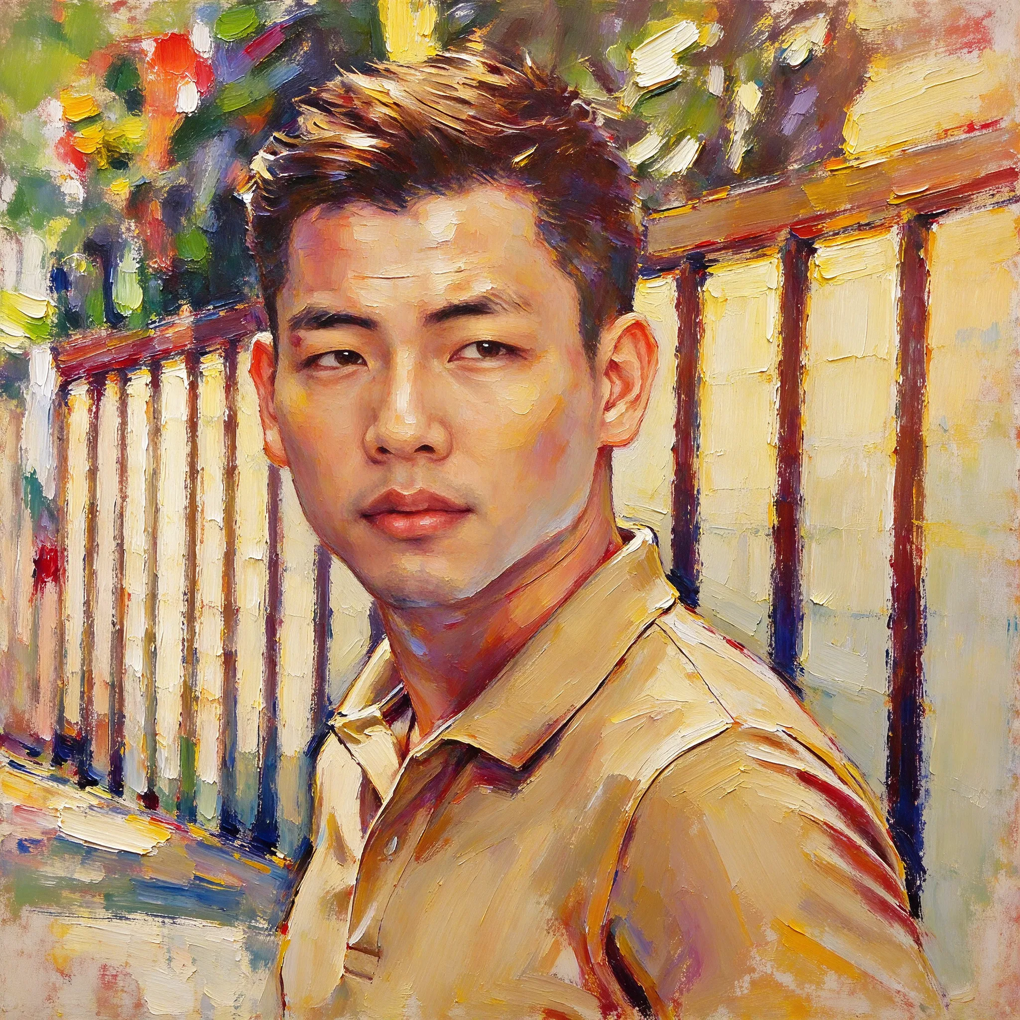 Transform this portrait into a high-end, heavily textured palette-knife abstract oil painting. Reinterpret the source subject not as a photo, but through bold masses of thick, layered impasto paint and energetic color-block collisions. The brushstrokes must be incredibly distinct and chaotic, with raw, scraped edges defining the silhouette cues and emotional energy. While fine facial details are gone, the core posture, emotional tone, and spiritual essence must remain perceptible through the massive paint movement. Render the background with the same thick, painterly language to create a unified, visually heavy, and emotionally charged abstract masterpiece.
