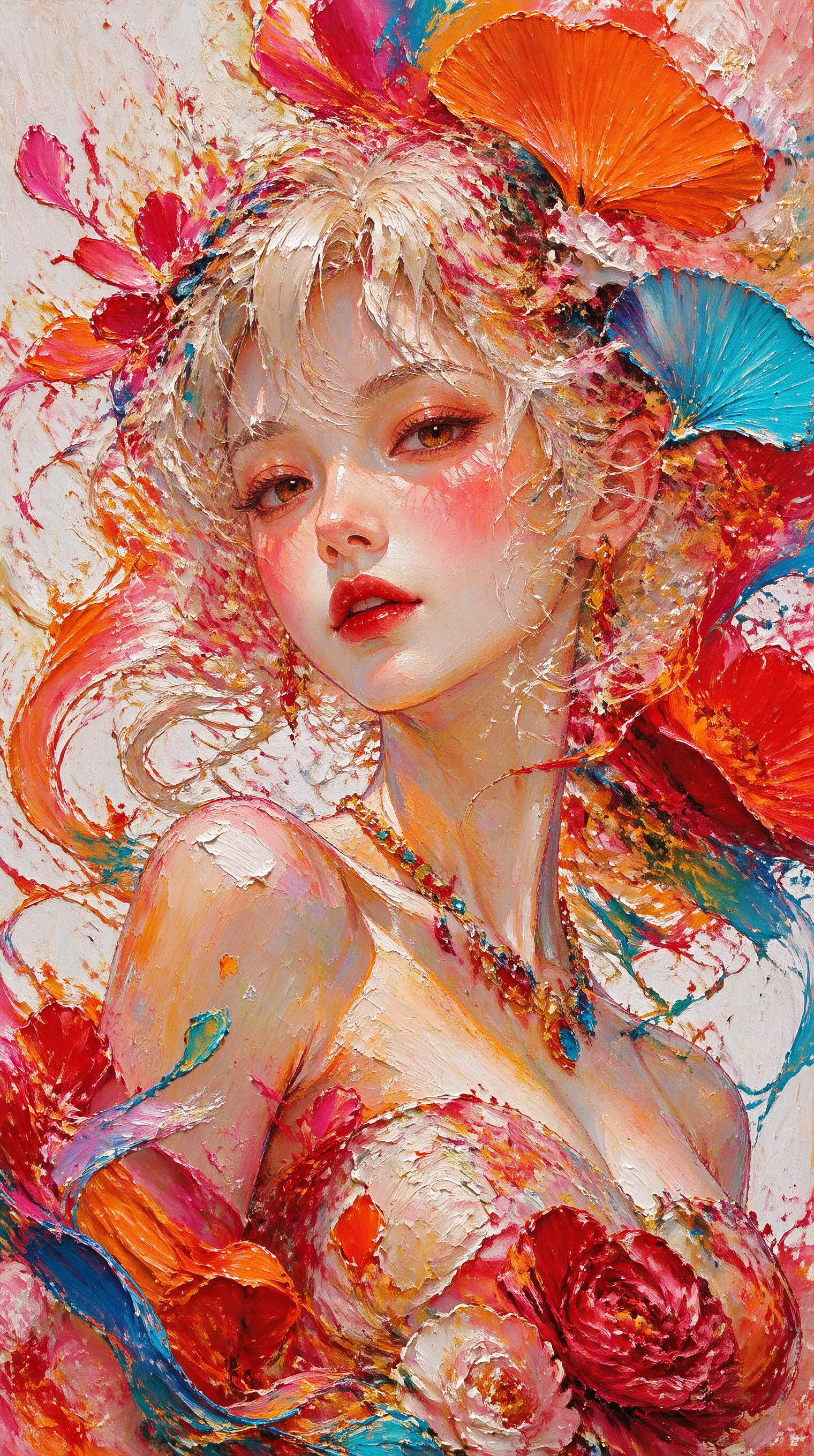 Transform this portrait into a high-end, heavily textured palette-knife abstract oil painting. Reinterpret the source subject not as a photo, but through bold masses of thick, layered impasto paint and energetic color-block collisions. The brushstrokes must be incredibly distinct and chaotic, with raw, scraped edges defining the silhouette cues and emotional energy. While fine facial details are gone, the core posture, emotional tone, and spiritual essence must remain perceptible through the massive paint movement. Render the background with the same thick, painterly language to create a unified, visually heavy, and emotionally charged abstract masterpiece.