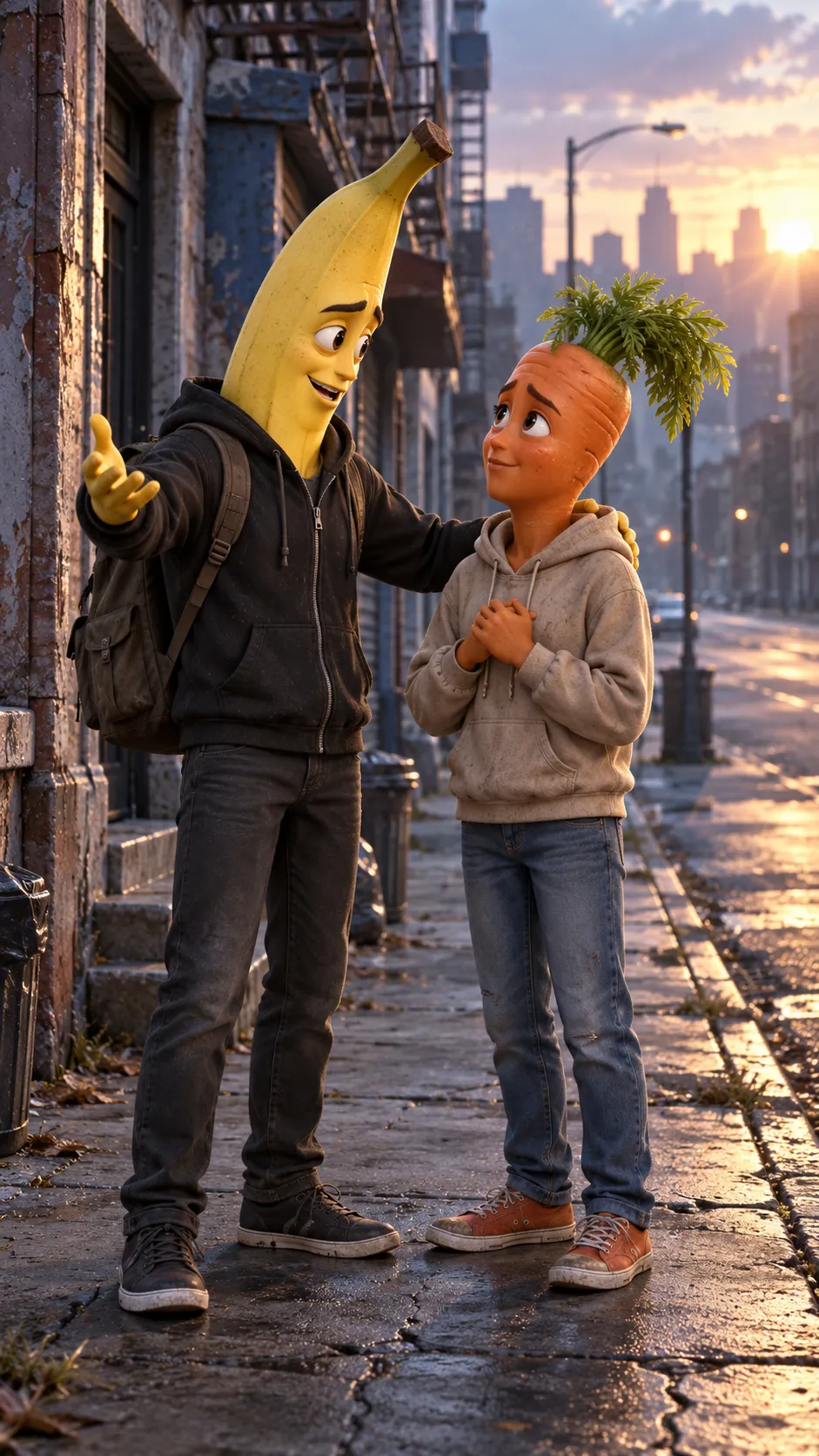 Create a 60-second vertical 9:16 cinematic 3D animated story for TikTok. Use ONLY two main characters throughout the entire video: Banana, an anthropomorphic yellow banana wearing a black hoodie and sneakers, and Carrot, an anthropomorphic orange carrot with green leafy hair, a beige hoodie, blue jeans, and orange sneakers. Scene 1: Both characters are poor and hungry on a city sidewalk. Banana shares his last piece of bread with Carrot. Scene 2: Banana promises to find work and return to change their lives. Scene 3: Carrot waits alone in the rain for days, becoming sad and worried because Banana never calls. Scene 4: A luxury black car arrives. Banana returns wearing an elegant black suit. Carrot thinks Banana has abandoned him. Scene 5: Banana explains that he worked hard to build a successful business and offers Carrot a home and a position as his business partner. They hug emotionally. High-quality detailed 3D animation, expressive faces, realistic character movement, cinematic camera angles, warm and cold lighting contrast, emotional music, dramatic pauses, consistent character designs, natural French dialogue and accurate lip synchronization. No additional speaking characters. Keep the story emotional, suspenseful, and satisfying. End with the text: "Ne juge jamais quelqu'un avant de connaître son histoire." sein 2