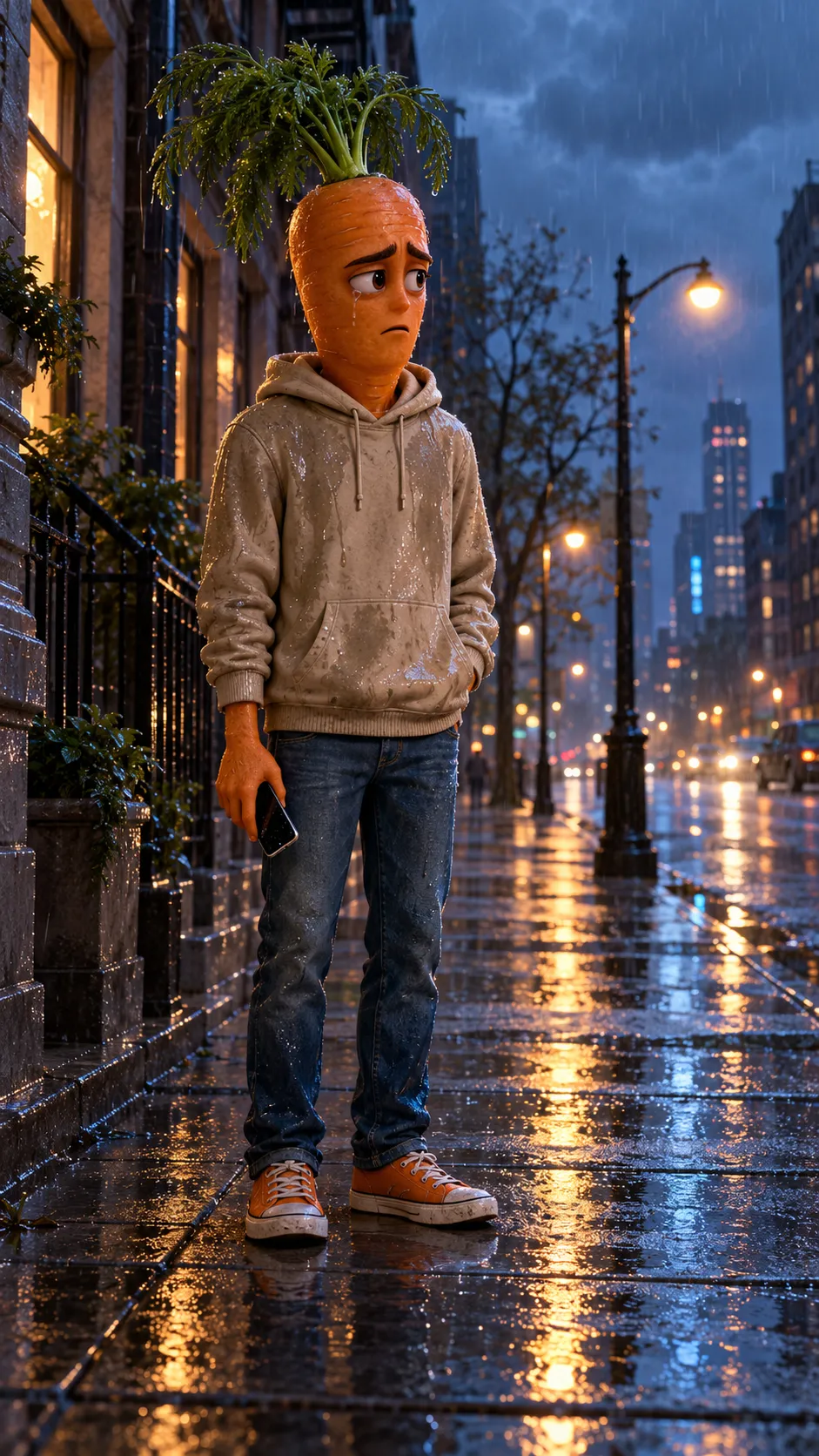 Create a 60-second vertical 9:16 cinematic 3D animated story for TikTok. Use ONLY two main characters throughout the entire video: Banana, an anthropomorphic yellow banana wearing a black hoodie and sneakers, and Carrot, an anthropomorphic orange carrot with green leafy hair, a beige hoodie, blue jeans, and orange sneakers. Scene 1: Both characters are poor and hungry on a city sidewalk. Banana shares his last piece of bread with Carrot. Scene 2: Banana promises to find work and return to change their lives. Scene 3: Carrot waits alone in the rain for days, becoming sad and worried because Banana never calls. Scene 4: A luxury black car arrives. Banana returns wearing an elegant black suit. Carrot thinks Banana has abandoned him. Scene 5: Banana explains that he worked hard to build a successful business and offers Carrot a home and a position as his business partner. They hug emotionally. High-quality detailed 3D animation, expressive faces, realistic character movement, cinematic camera angles, warm and cold lighting contrast, emotional music, dramatic pauses, consistent character designs, natural French dialogue and accurate lip synchronization. No additional speaking characters. Keep the story emotional, suspenseful, and satisfying. End with the text: "Ne juge jamais quelqu'un avant de connaître son histoire." sein 3