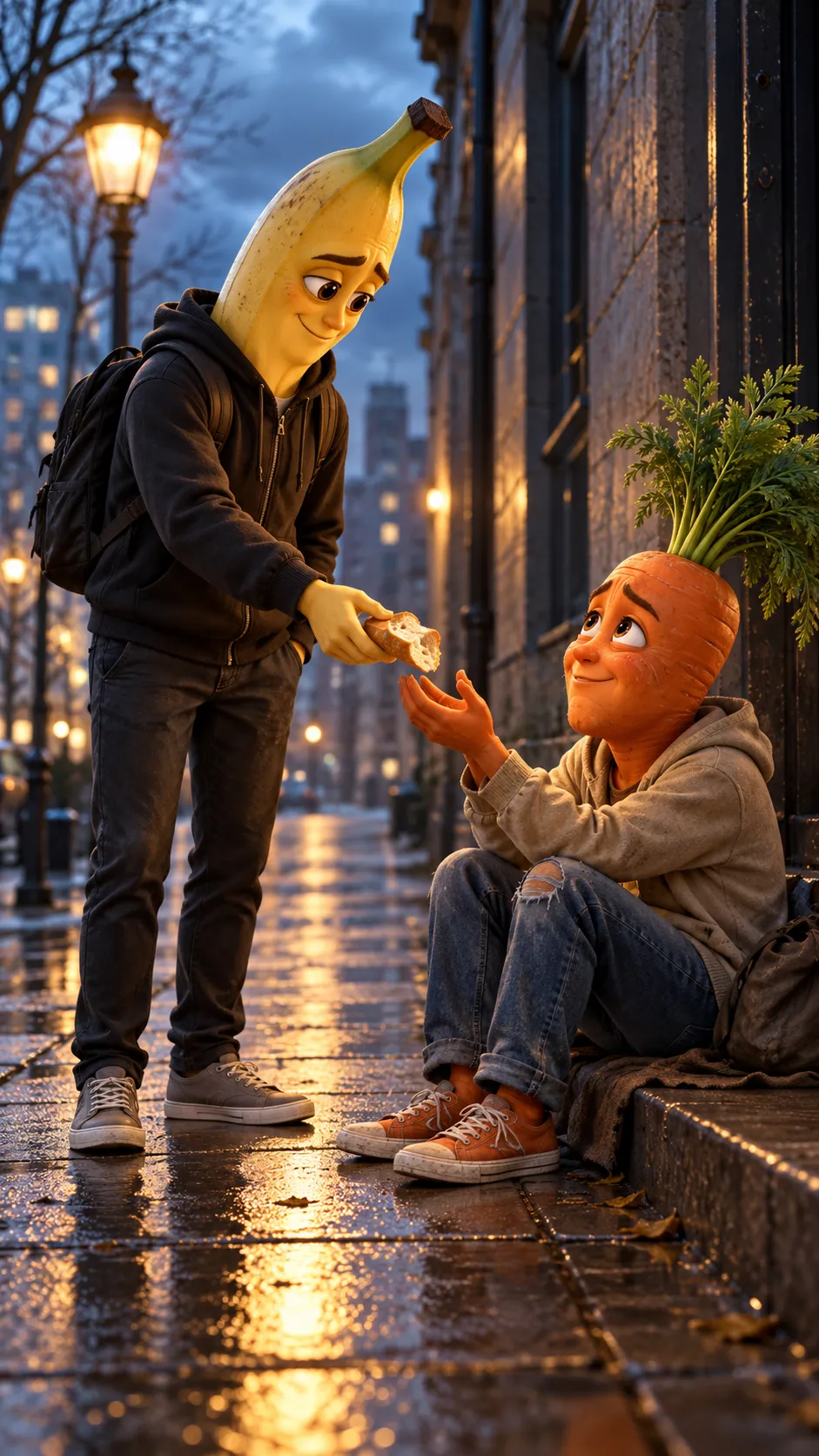 Create a 60-second vertical 9:16 cinematic 3D animated story for TikTok. Use ONLY two main characters throughout the entire video: Banana, an anthropomorphic yellow banana wearing a black hoodie and sneakers, and Carrot, an anthropomorphic orange carrot with green leafy hair, a beige hoodie, blue jeans, and orange sneakers. Scene 1: Both characters are poor and hungry on a city sidewalk. Banana shares his last piece of bread with Carrot. Scene 2: Banana promises to find work and return to change their lives. Scene 3: Carrot waits alone in the rain for days, becoming sad and worried because Banana never calls. Scene 4: A luxury black car arrives. Banana returns wearing an elegant black suit. Carrot thinks Banana has abandoned him. Scene 5: Banana explains that he worked hard to build a successful business and offers Carrot a home and a position as his business partner. They hug emotionally. High-quality detailed 3D animation, expressive faces, realistic character movement, cinematic camera angles, warm and cold lighting contrast, emotional music, dramatic pauses, consistent character designs, natural French dialogue and accurate lip synchronization. No additional speaking characters. Keep the story emotional, suspenseful, and satisfying. End with the text: "Ne juge jamais quelqu'un avant de connaître son histoire." breast 4