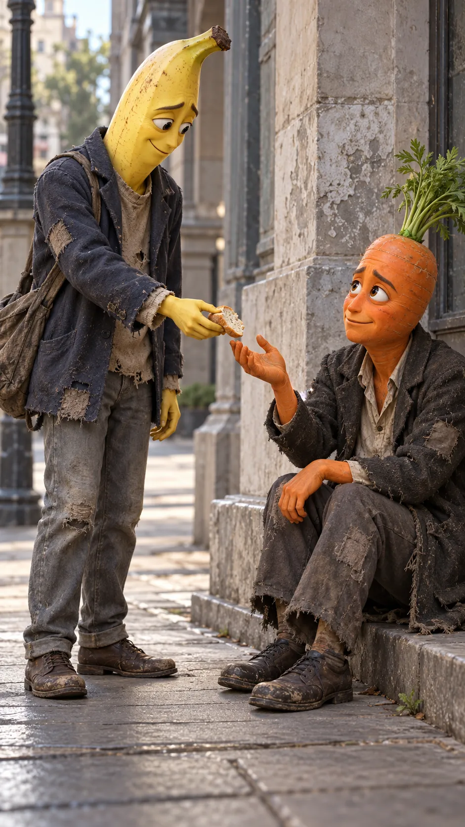 Both characters are poor and hungry on a city sidewalk. Banana shares his last piece of bread with Carrot. breast 1