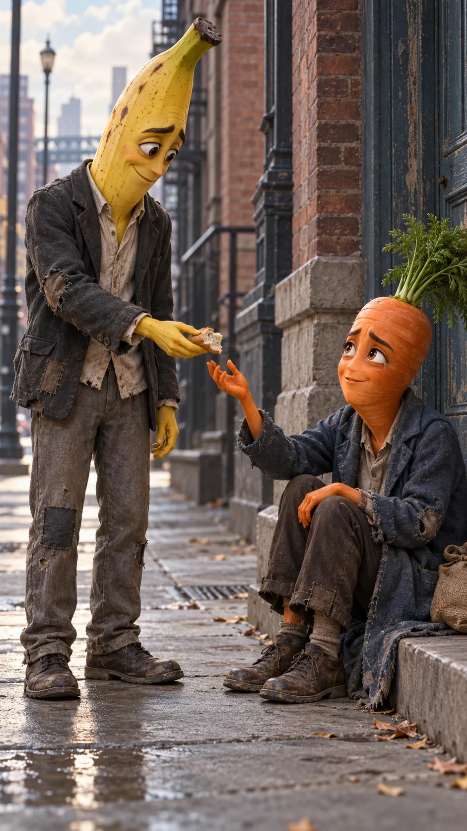 Both characters are poor and hungry on a city sidewalk. Banana shares his last piece of bread with Carrot. breast 2