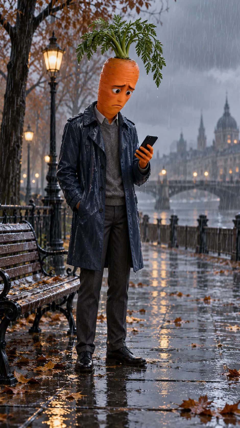 Carrot waits alone in the rain for days, becoming sad and worried because Banana never calls.