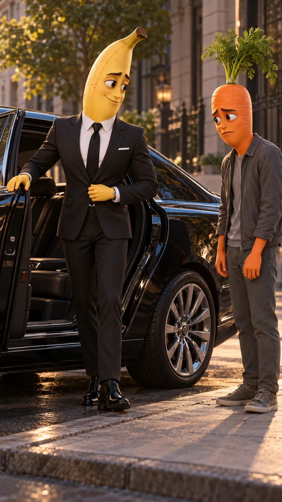 Scene 4: A luxury black car arrives. Banana returns wearing an elegant black suit. Carrot thinks Banana has abandoned him. breast4