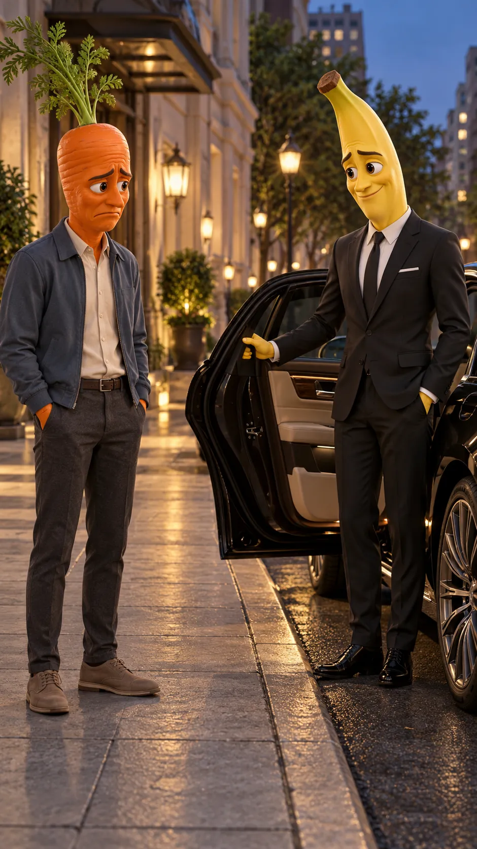 A luxury black car arrives. Banana returns wearing an elegant black suit. Carrot thinks Banana has abandoned him. breast5