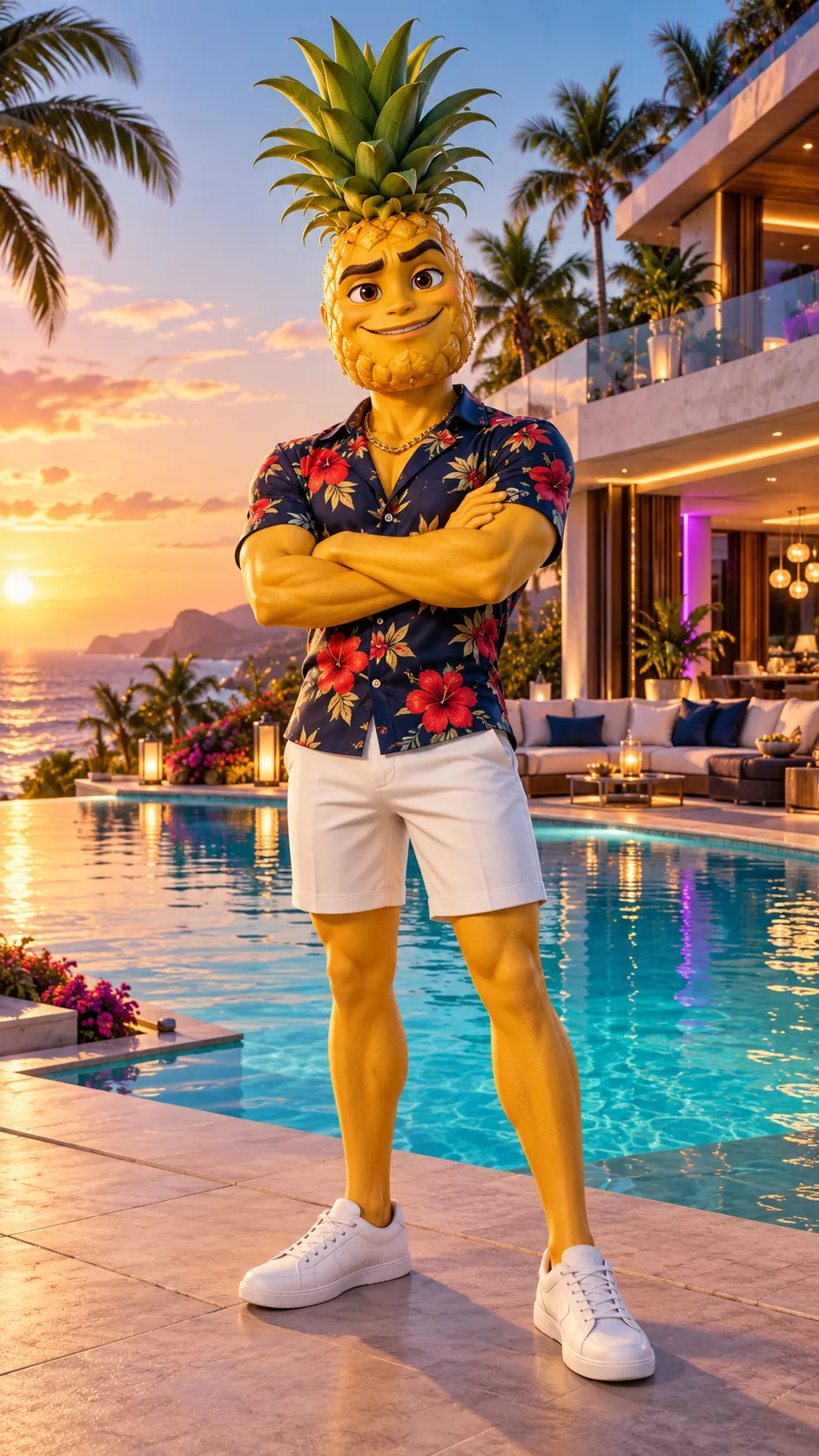 Créer Ananas, un personnage masculin adulte anthropomorphe en forme d'ananas, dans un style d'animation 3D de haute qualité. Il possède une grosse tête ovale d'ananas jaune doré avec une texture en losanges très détaillée et une grande couronne de feuilles vertes dressées sur le sommet. Il a de grands yeux marron expressifs, des sourcils épais et un sourire confiant. Son corps est humanoïde, grand et athlétique. Il porte une chemise hawaïenne à manches courtes avec des motifs de fleurs tropicales rouges et jaunes, un short blanc, des baskets blanches et une chaîne dorée autour du cou. Il pose avec assurance, les bras légèrement croisés, comme un candidat populaire de télé-réalité. Il se tient devant une immense villa de luxe avec une piscine turquoise, des palmiers et des lumières colorées. Sa personnalité est drôle, riche, arrogant et charmeur. Il adore attirer l'attention et se considère comme le roi de la villa. Rendu 3D cinématographique, textures détaillées, couleurs éclatantes, personnage visible en entier, format vertical 9:16, sans texte, sans logo, sans filigrane.
