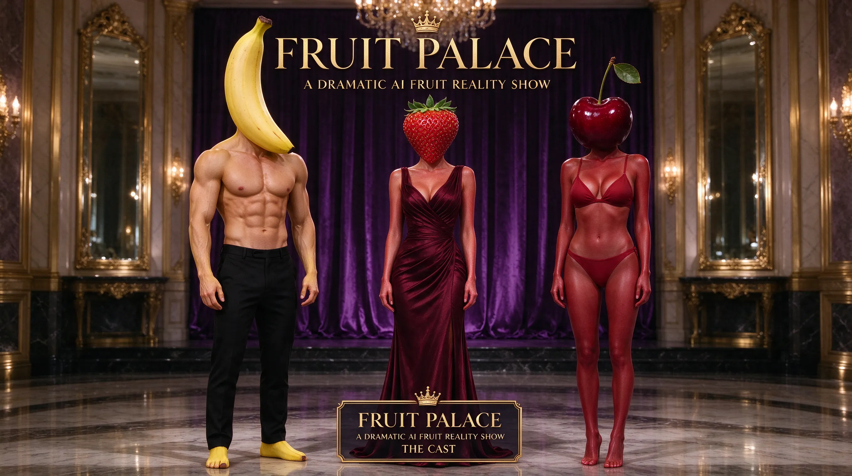 Create an ultra-photorealistic cast photo for a dramatic AI fruit reality show called “Fruit Palace”. Show three attractive adult humanoid fruit characters standing next to each other, posing confidently like contestants on a luxury dating reality TV show. CHARACTER 1 — BANANA BOY 🍌 A handsome, muscular adult male humanoid with a realistic yellow banana head, proportional to a normal human head. He has a broad, muscular chest, defined abs, strong shoulders and arms, and a completely shirtless upper body. His entire visible body has a natural, realistic banana-yellow skin tone matching his banana head. He wears stylish black trousers. Confident pose, attractive athletic physique, realistic muscles and natural human anatomy. CHARACTER 2 — STRAWBERRY GIRL 🍓 A glamorous adult female humanoid with a realistic red strawberry head, normal human head size, detailed strawberry seeds and green leaves. Her entire visible body has a realistic strawberry-red skin tone matching her head. She wears a gorgeous, very fitted, elegant deep burgundy wine-red evening dress that hugs her figure, with a luxurious fabric texture and sophisticated design. She poses confidently like the main star of a reality show. CHARACTER 3 — CHERRY GIRL 🍒 A glamorous adult female humanoid with a realistic dark-red cherry head, normal human head size, and a realistic cherry stem. Her entire visible body has a rich, natural dark cherry-red skin tone matching her head. She wears a stylish, fashionable two-piece bikini in a complementary deep red color. She has a confident, playful reality-TV contestant pose. VISUAL STYLE AND COMPOSITION: All three characters stand side by side in the same frame, full body visible from head to feet. They have realistic adult human bodies, natural proportions, two arms and two legs, realistic hands and feet, and believable human poses. Their skin must match their respective fruit colors. Do not give them ordinary human skin tones. The fruit heads must remain prop