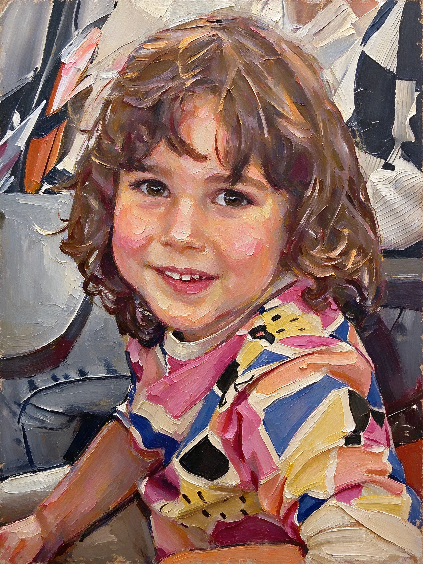 Transform this portrait into a high-end, heavily textured palette-knife abstract oil painting. Reinterpret the source subject not as a photo, but through bold masses of thick, layered impasto paint and energetic color-block collisions. The brushstrokes must be incredibly distinct and chaotic, with raw, scraped edges defining the silhouette cues and emotional energy. While fine facial details are gone, the core posture, emotional tone, and spiritual essence must remain perceptible through the massive paint movement. Render the background with the same thick, painterly language to create a unified, visually heavy, and emotionally charged abstract masterpiece.