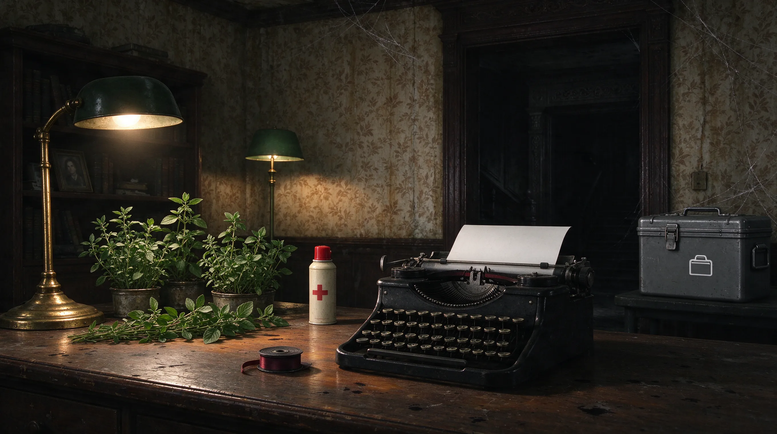 Iconic Resident Evil save room, old wooden desk with a typewriter and ink ribbon, dim warm lamp light, safe atmosphere contrasting the dark mansion, green herbs and first aid spray on the desk, item box in the corner, cobwebs, atmospheric survival horror, photorealistic, cinematic lighting