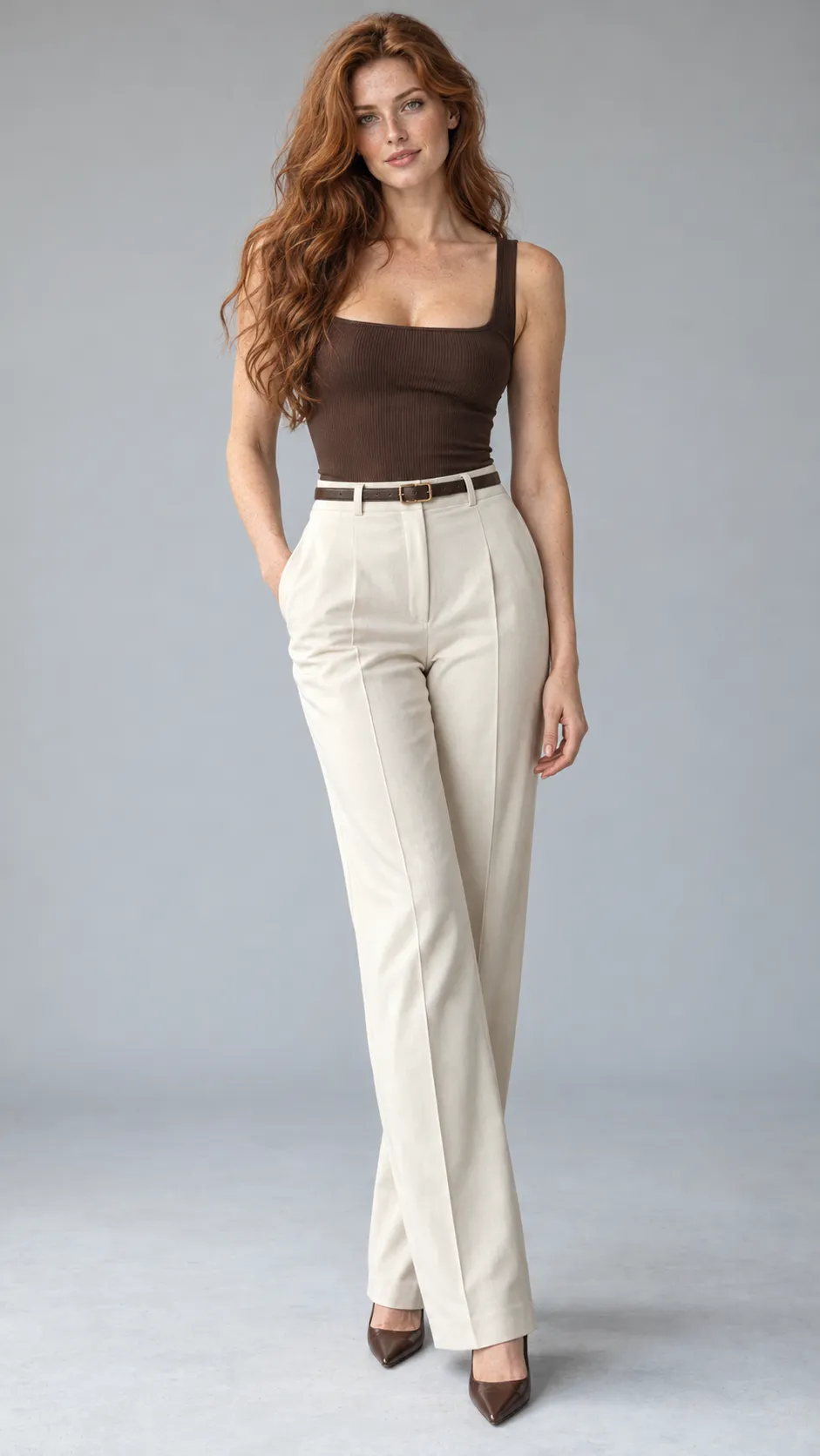 Create a photorealistic full-body studio fashion photograph of a 29-year-old British woman, approximately 181 cm tall, with a slender long-limbed figure, fair peach-toned skin, gray-green eyes, and exceptionally long auburn hair styled in loose, natural S-shaped waves. She has a distinctive oval face, softly defined cheekbones, and subtle freckles. She wears a fitted chocolate-brown square-neck top, high-waisted cream tailored trousers, a slim leather belt, and pointed brown heels. Her posture is relaxed and elegant, with one foot slightly forward and natural hands. Use a seamless pale-gray studio background, large diffused softbox lighting, realistic skin pores, individual hair strands, accurate trouser creases, and subtle floor shadows. Premium European fashion e-commerce photography, natural 85mm lens perspective, realistic anatomy, complete head-to-toe framing with both shoes visible, vertical 9:16. No text, no watermark, no excessive retouching.