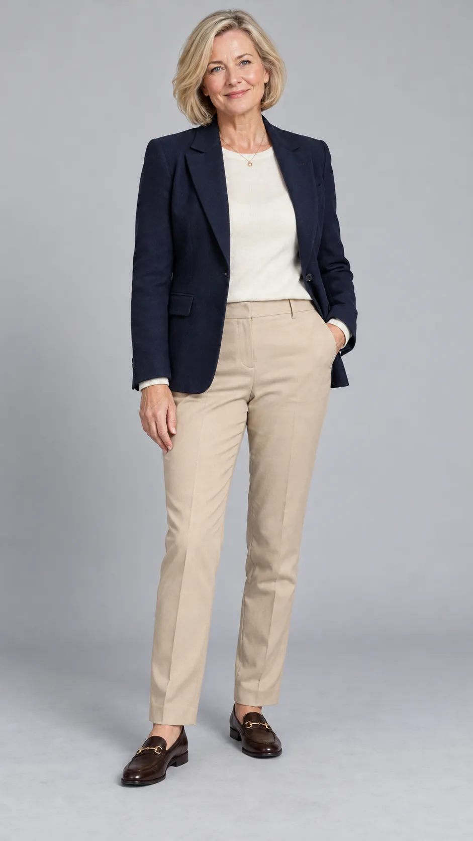 Generate a highly realistic full-body fashion catalog photograph of a 52-year-old German woman, approximately 168 cm tall, with an average, naturally proportioned figure, fair skin, blue eyes, and a softly layered chin-length champagne-blonde bob. Her face shows subtle smile lines and authentic mature skin texture. She wears a structured navy-blue blazer over an ivory crew-neck top, tailored beige trousers, a thin gold necklace, and polished dark-brown loafers. She stands comfortably with one hand loosely resting near her pocket, conveying quiet confidence. Use a seamless light-gray background, soft balanced studio lighting, natural shadows, realistic tailoring, visible fabric weave, and lifelike hair strands. Sophisticated contemporary European catalog photography, anatomically accurate full-length framing, both shoes visible, vertical 9:16. No text, no watermark, no artificial de-aging.