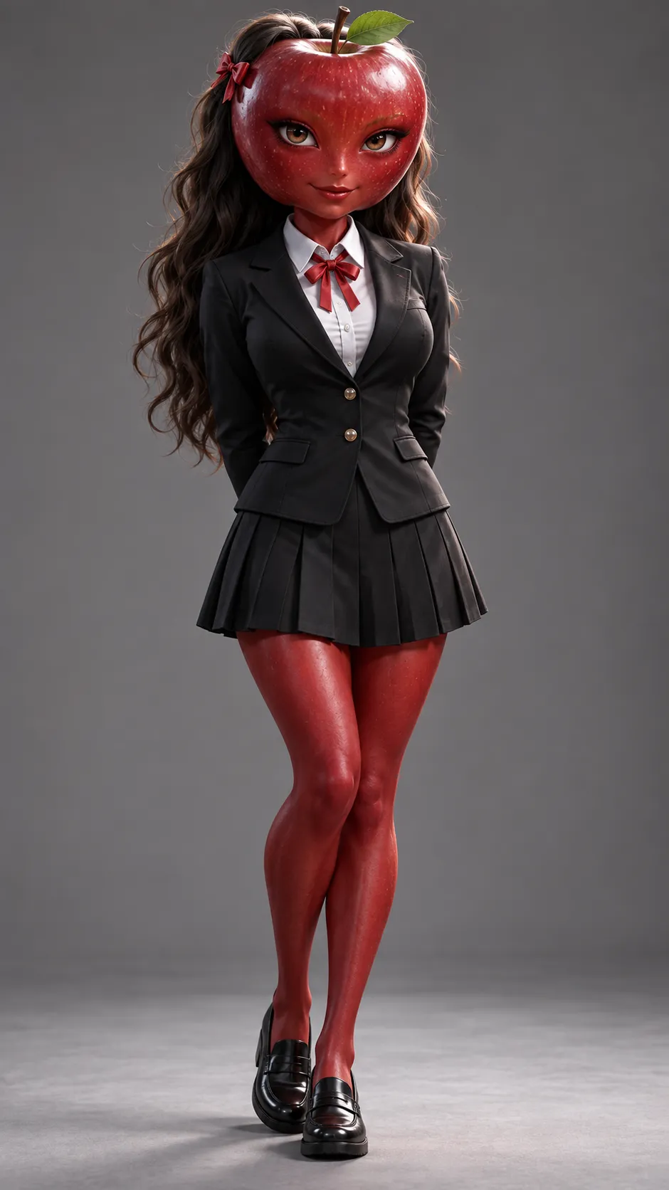 Create a highly detailed, cinematic 3D AI fruit-headed female character named YUNA. She has a realistic, naturally shaped, glossy deep-red apple as her ENTIRE HEAD, not just her face. The apple's natural skin texture covers the forehead, cheeks, nose area, jaw and chin. Beautiful expressive eyes and a small mouth are integrated naturally into the apple skin. Absolutely no human facial skin, no human nose, no apple mask, no cartoon style. She has a beautiful proportional human female body, long thick wavy dark-brown human hair flowing from behind the apple head, and a small red hair clip. Outfit: elegant fitted black Korean school blazer, white shirt, red ribbon tie and black pleated skirt. Beautiful, charming, mysterious and intimidating presence; innocent smile with a subtle sinister expression in her eyes. Realistic fruit texture, premium viral AI fruit-character aesthetic, cinematic lighting, luxurious detail, full-body front view, neutral studio background, one character only.