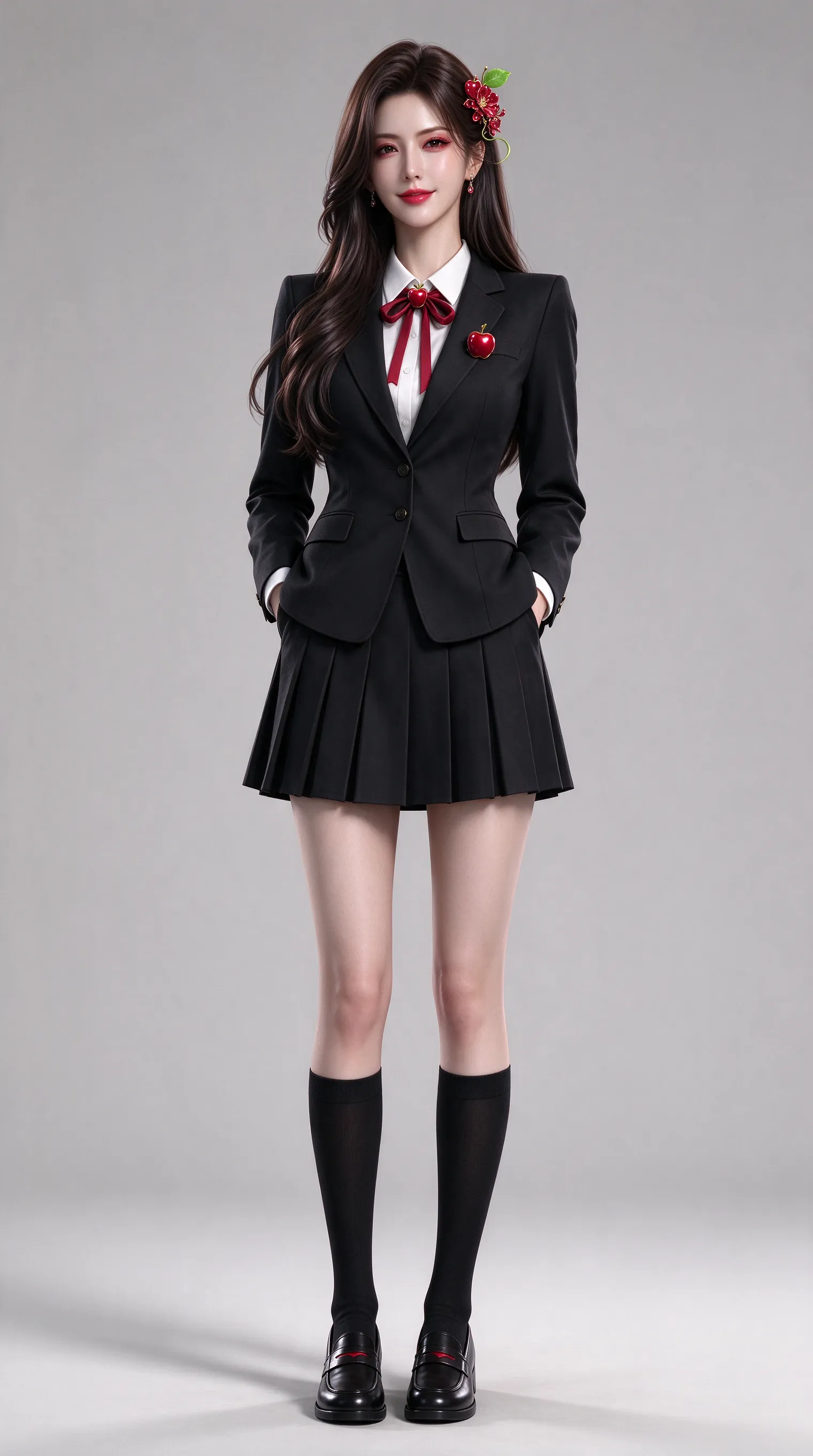 Create YUNA, a stunning, glamorous adult female character for a cinematic Korean AI drama. She has a beautiful, realistic human-like face with subtle red-apple-inspired features: smooth ruby-red skin undertones, delicate apple-shaped design details, and a tiny elegant apple-leaf accent blended naturally into her hairstyle. Her face must remain beautifully human-shaped, with realistic feminine facial proportions, expressive eyes, elegant lips and a natural nose. Long, thick, glossy dark-brown hair, soft waves, luxurious red hair accessory. Elegant black Korean school blazer, crisp white shirt, red ribbon and pleated black skirt. Beautiful human body, graceful posture, captivating confident expression, mysterious manipulative aura. Premium realistic 3D AI fruit-character aesthetic, cinematic Korean drama lighting, detailed skin, hair and fabric, sophisticated styling, full-body portrait, neutral background. No giant fruit head, no oversized apple, no childish cartoon or ordinary anime style.