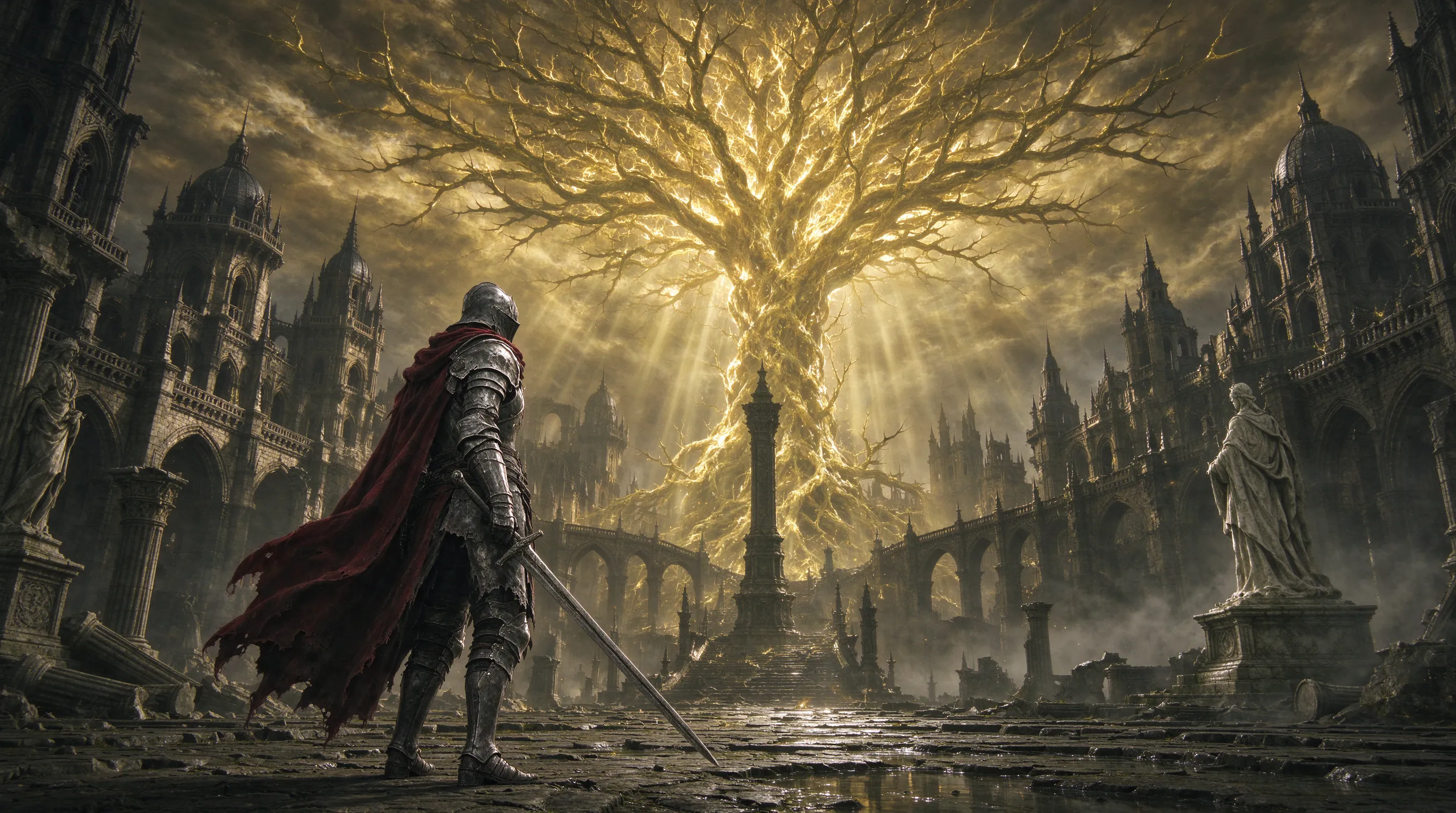 A lone Tarnished warrior in weathered armor standing before the colossal golden Erdtree, Elden Ring style, epic dark fantasy, volumetric golden light rays, misty Leyndell capital ruins in the foreground, dramatic low-angle composition, highly detailed, cinematic lighting, 8k, FromSoftware concept art