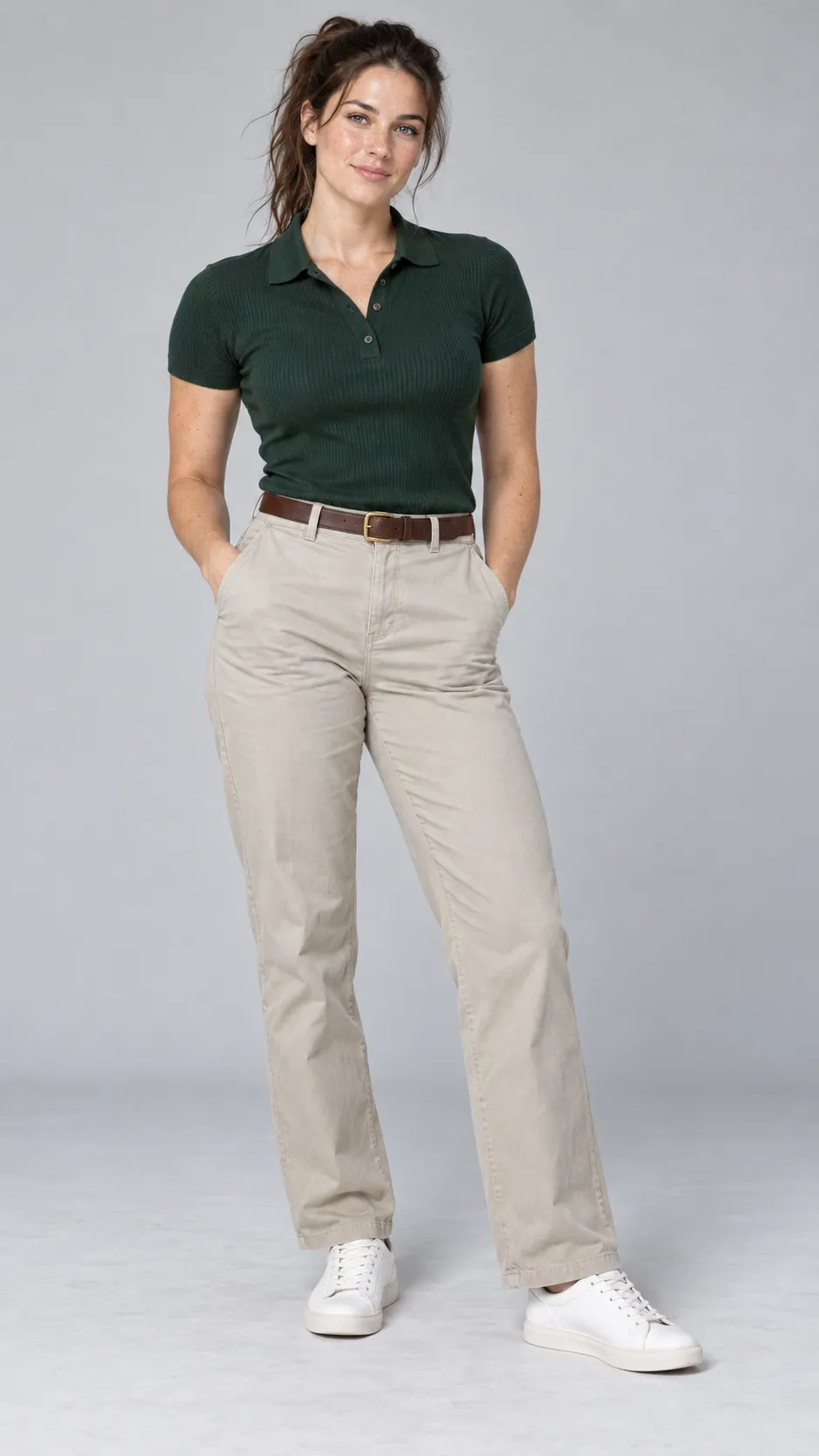 Create a photorealistic full-body studio fashion image of a 27-year-old Canadian woman, approximately 172 cm tall, with an athletic build, naturally strong legs, fair skin with scattered freckles, blue-gray eyes, and shoulder-length dark-brown hair in a loose, slightly messy ponytail. She wears a fitted forest-green polo knit, high-waisted stone-colored straight-leg trousers, a brown leather belt, and minimalist white sneakers. Her expression is relaxed and self-assured, with natural brows and minimal makeup. Preserve realistic athletic proportions, subtle skin imperfections, loose flyaway hairs, and believable fabric tension around the knees and waist. Soft commercial studio lighting, clean pale-gray background, natural floor shadows, premium contemporary lifestyle catalog aesthetic, full-length framing, both shoes visible, vertical 9:16. No text, no watermark, no exaggerated muscles.