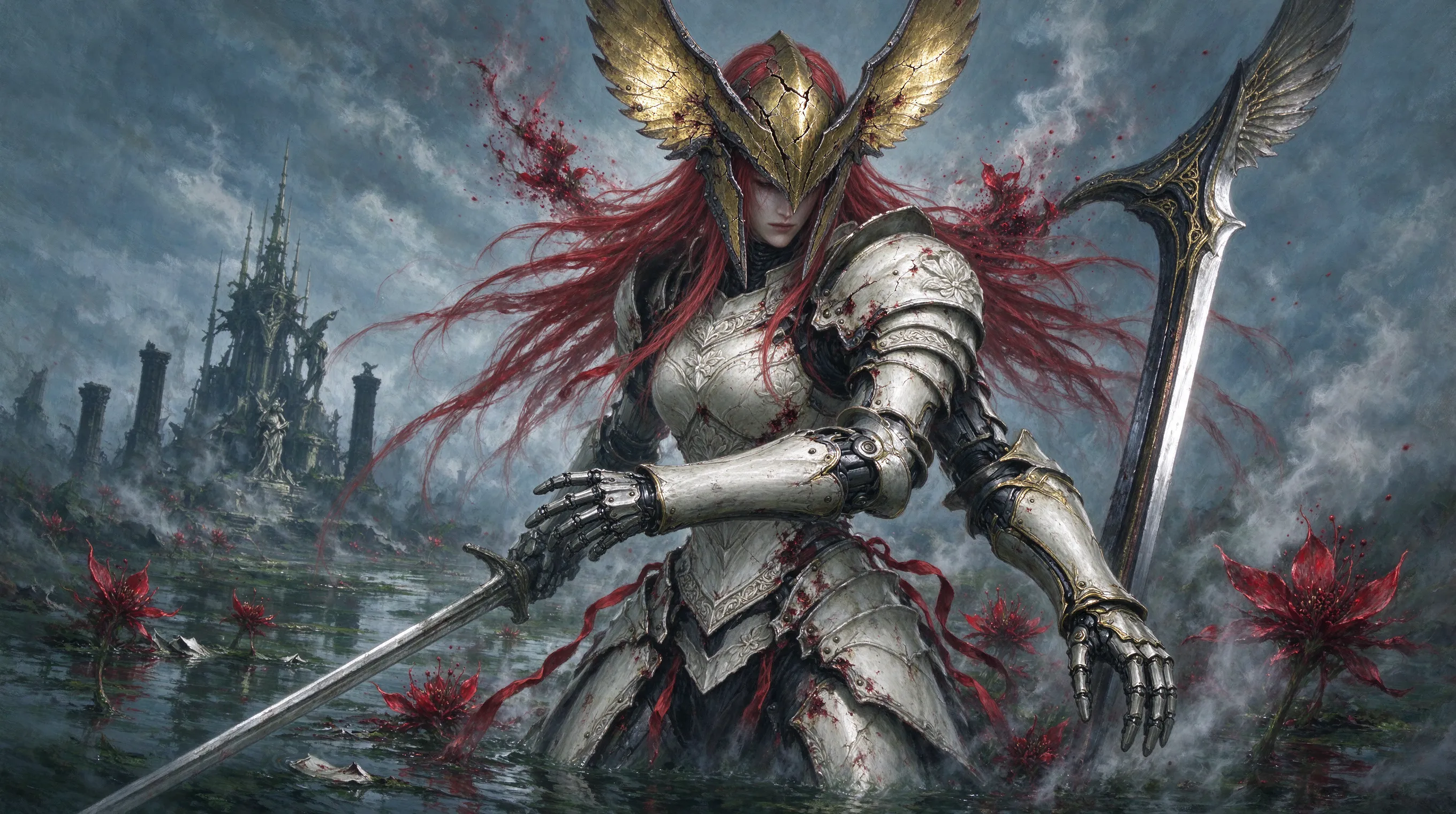 Malenia Blade of Miquella in full prosthetic-armored glory, scarlet rot blooming around her, flowing red hair, cracked golden helmet, corrupted swamp of Aeonia background, Elden Ring boss art, dark fantasy oil painting style, dramatic rim lighting, hyper-detailed, cinematic, concept art