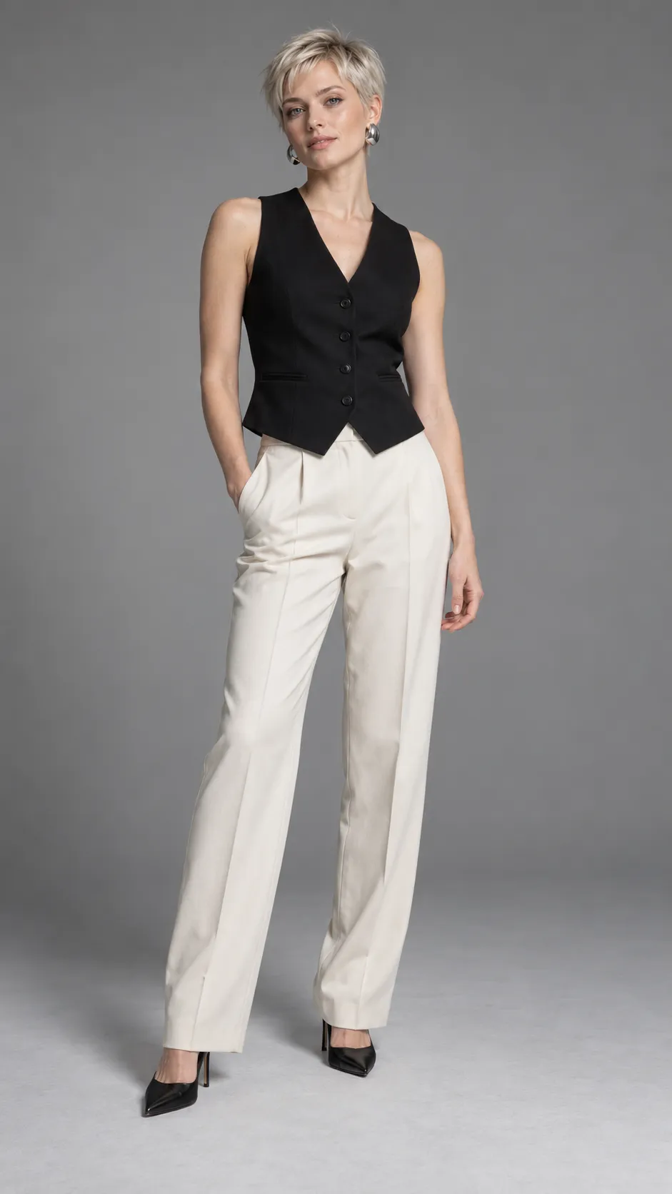 Generate a photorealistic full-body fashion studio portrait of a 30-year-old French woman, approximately 165 cm tall, with a slim straight figure, fair cool-toned skin, light gray eyes, and a short platinum-blonde pixie cut with textured, slightly uneven layers. She wears a tailored black sleeveless vest, high-waisted ivory trousers, sculptural silver earrings, and black pointed-toe heels. Her facial features are sharp yet natural, with visible skin texture and understated editorial makeup. She stands in a relaxed asymmetrical pose with one knee slightly bent. Minimal cool-gray background, large diffused studio light, delicate floor shadow, realistic short hair strands, crisp tailoring, luxury minimalist fashion photography, accurate anatomy and proportions, complete head-to-toe framing, vertical 9:16. No text, no watermark, no plastic-looking skin.
