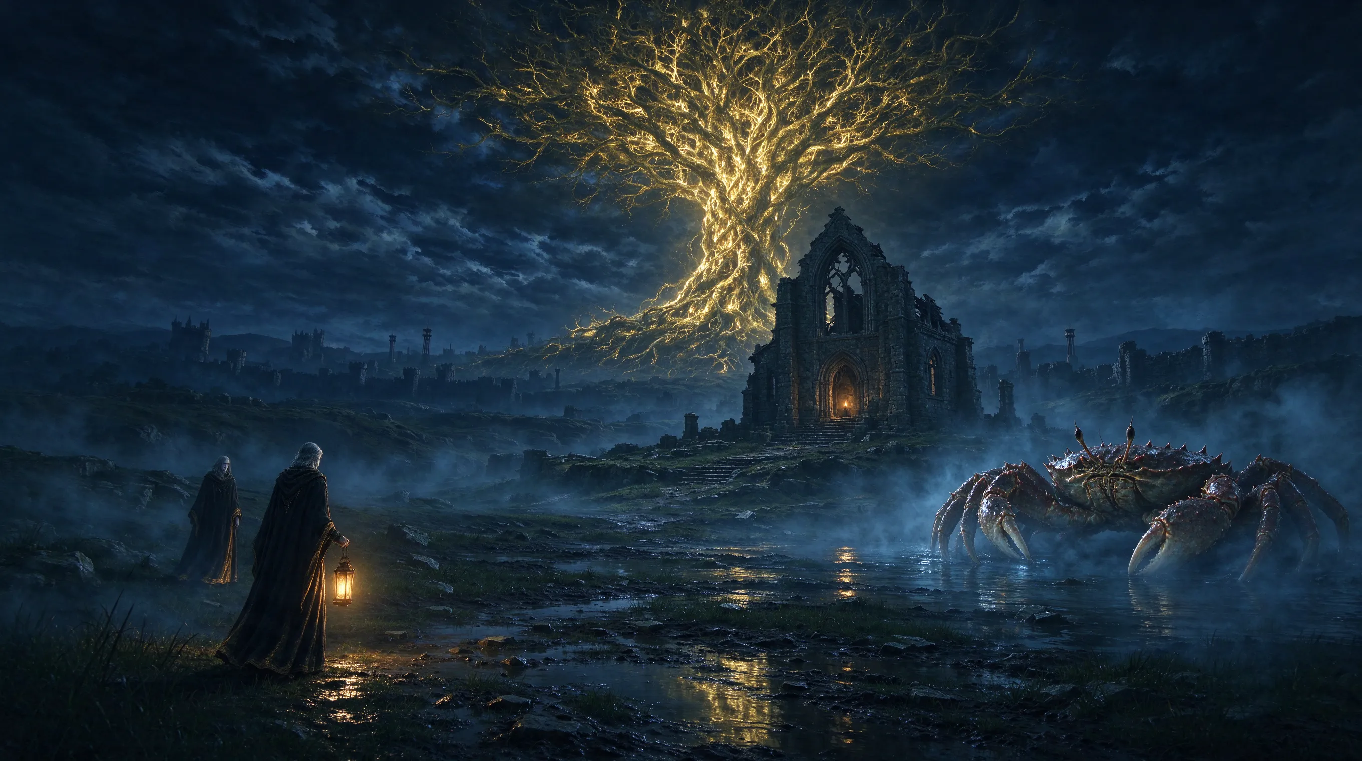 Sweeping vista of Limgrave at night, Elden Ring landscape, the Erdtree glowing on the horizon, wandering nobles and giant crabs in the misty fields, ruins of the Church of Elleh, moody blue and gold palette, atmospheric fog, painterly digital art, epic scale, FromSoftware environment concept art