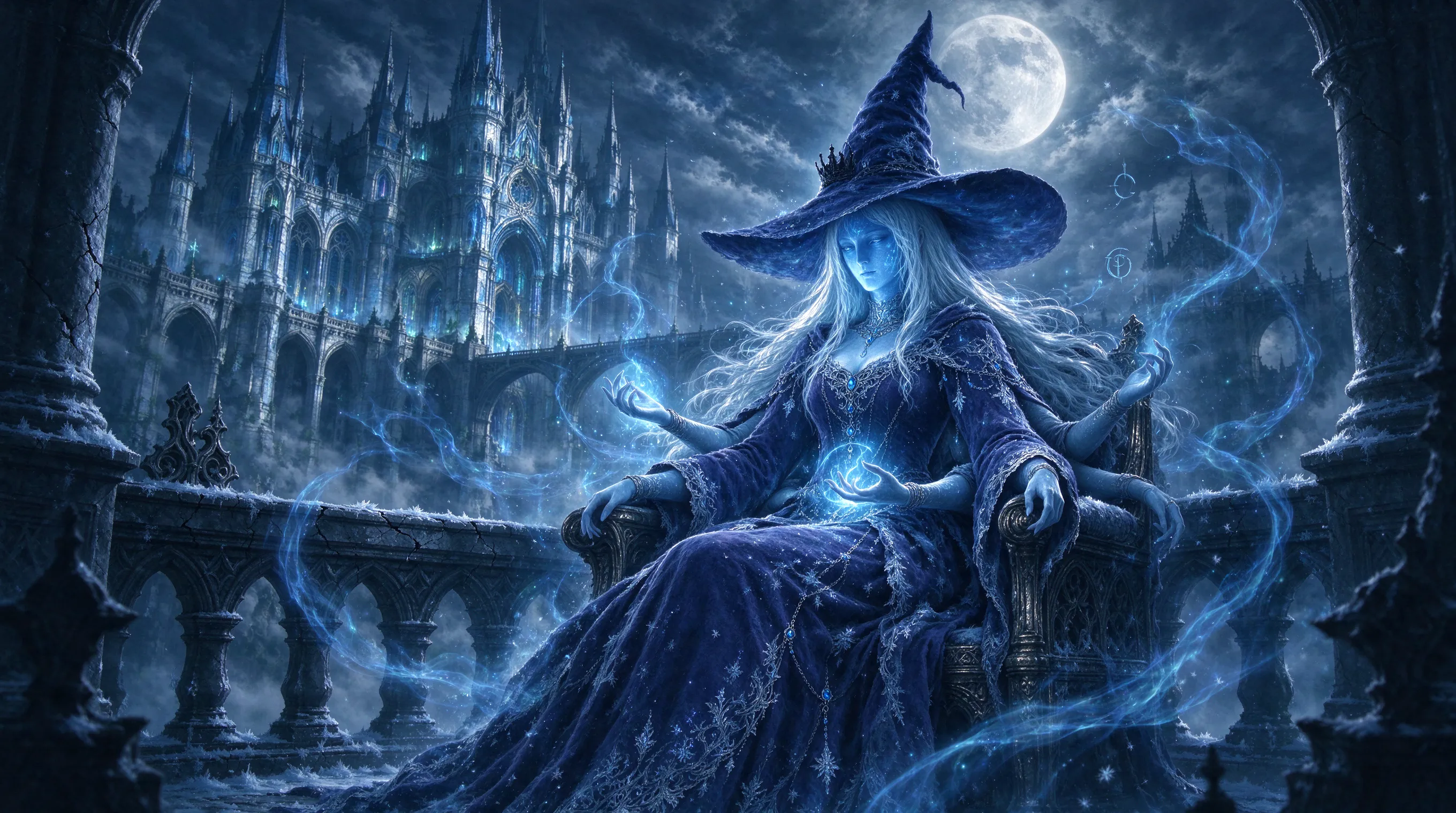 Ranni the Witch, four-armed snow witch with a large pointed hat and glowing blue spirit face, sitting on a moonlit balcony, spectral blue magic wisps, Carian Manor in the background, Elden Ring character art, ethereal cold color palette, delicate details, dark fantasy illustration, cinematic lighting