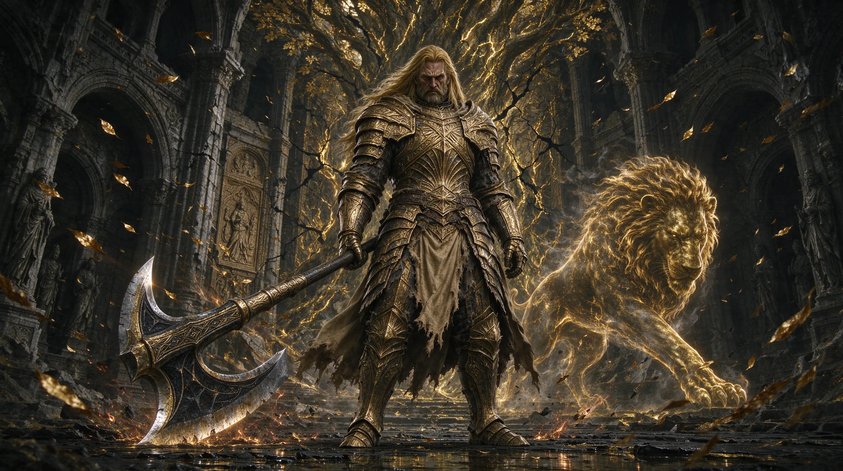 Godfrey First Elden Lord, hulking golden-armored demigod with a lion spirit companion, wielding a massive axe, standing in the ruined Erdtree sanctuary, shattered golden leaves swirling, Elden Ring boss concept art, epic dark fantasy, dramatic chiaroscuro lighting, intricate armor detail, 8k cinematic render