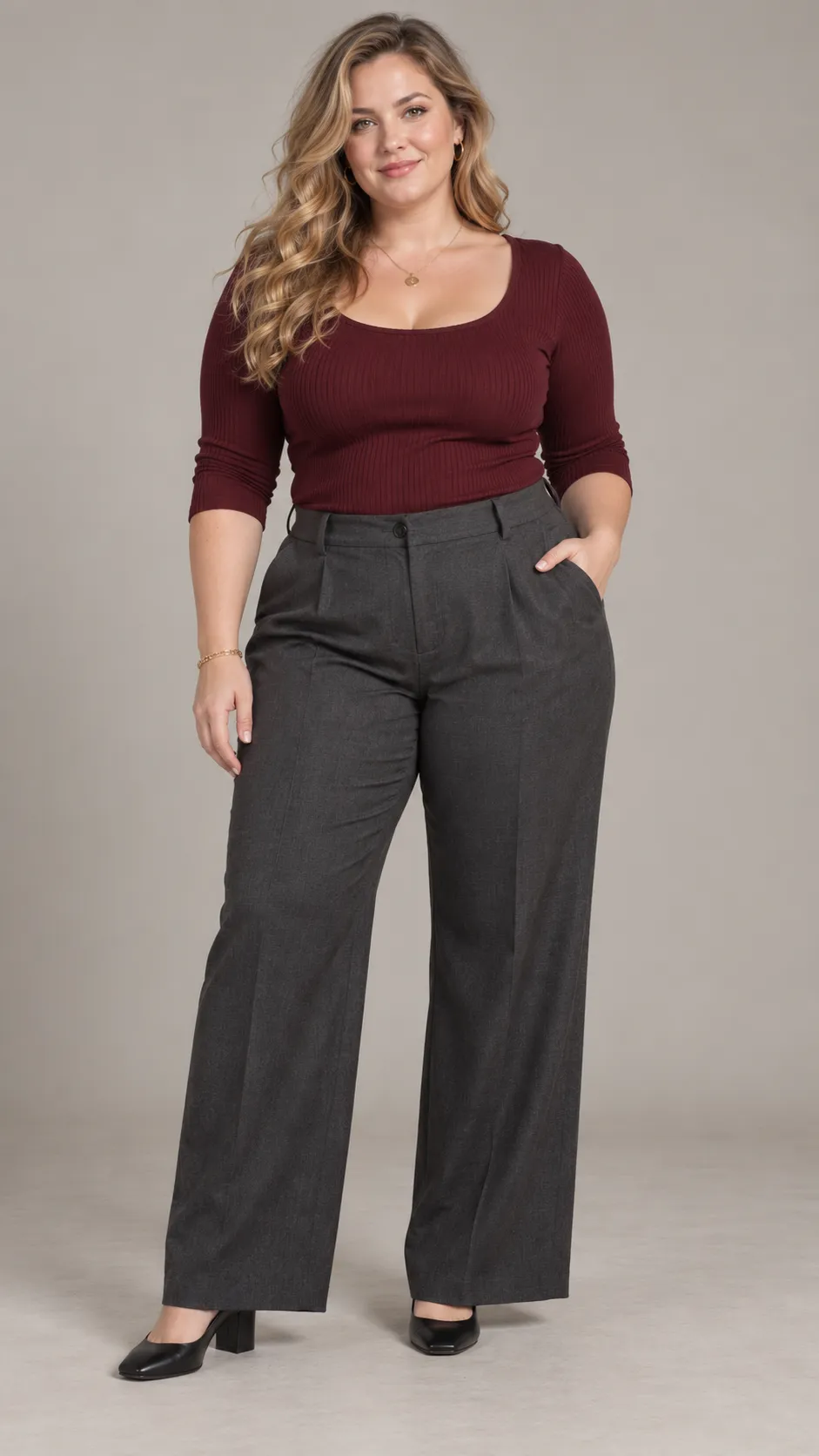 Create a premium photorealistic full-body fashion catalog image of a 34-year-old American woman, approximately 178 cm tall, with a plus-size figure, naturally full arms, a rounded abdomen, broad hips, fair skin, hazel eyes, and long honey-blonde hair styled in soft curls. She wears a deep-burgundy fitted knit top, charcoal tailored wide-leg trousers, understated gold jewelry, and elegant black block heels. Maintain her authentic body shape and realistic proportions without slimming or exaggerating her curves. Her pose is confident and relaxed, with natural weight distribution. Soft diffused studio illumination, warm pale-gray background, realistic skin pores, individual curls, accurate fabric draping, subtle floor shadows, premium inclusive fashion photography, complete head-to-toe composition with shoes visible, vertical 9:16. No text, no watermark, no body reshaping.
