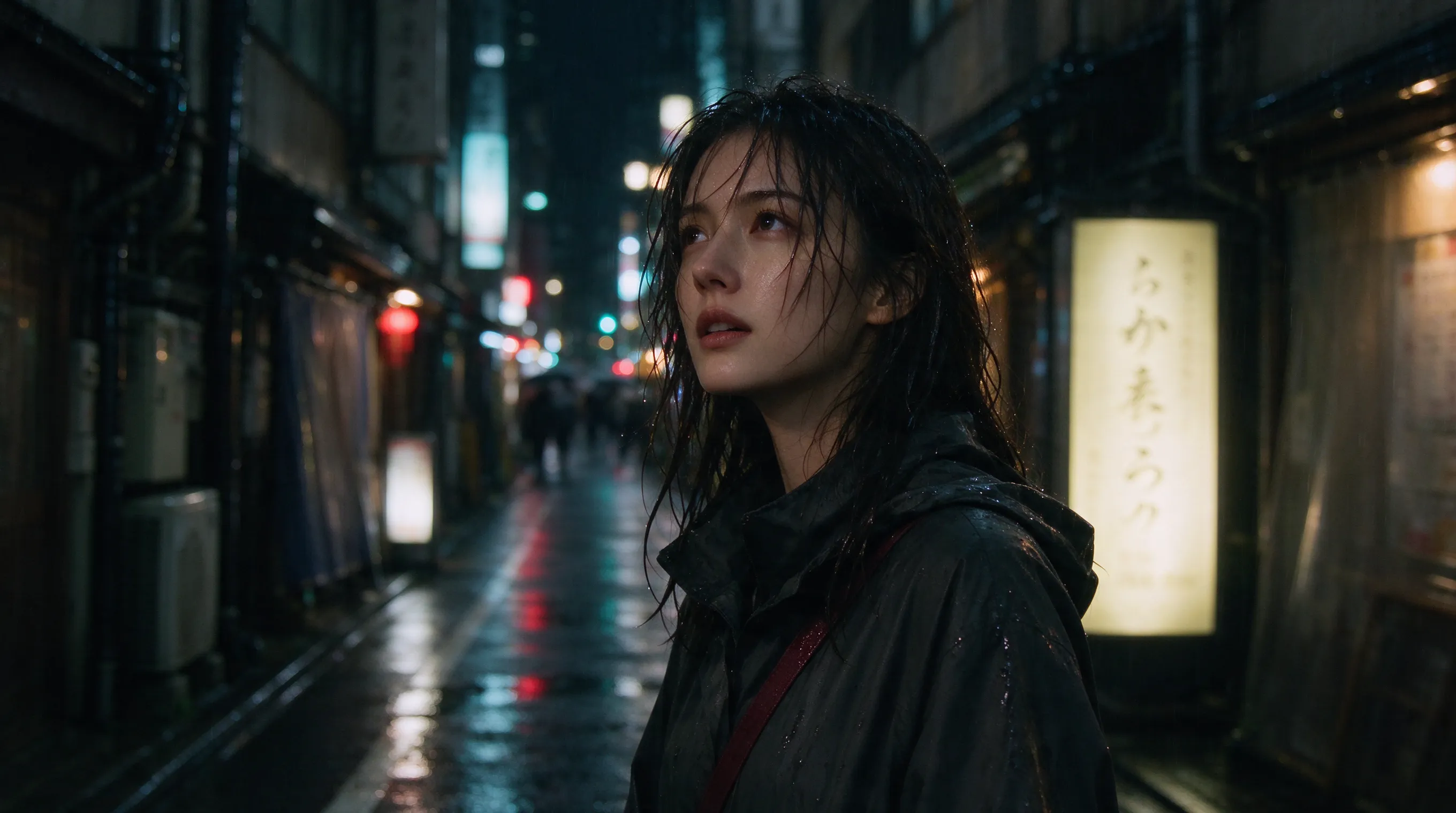 A cinematic portrait of a young woman standing in rain-soaked Tokyo alley at night, neon signs reflecting on wet pavement, shallow depth of field, 85mm lens, dramatic rim lighting, film grain, Kodak Portra 400 color palette, highly detailed, 8k