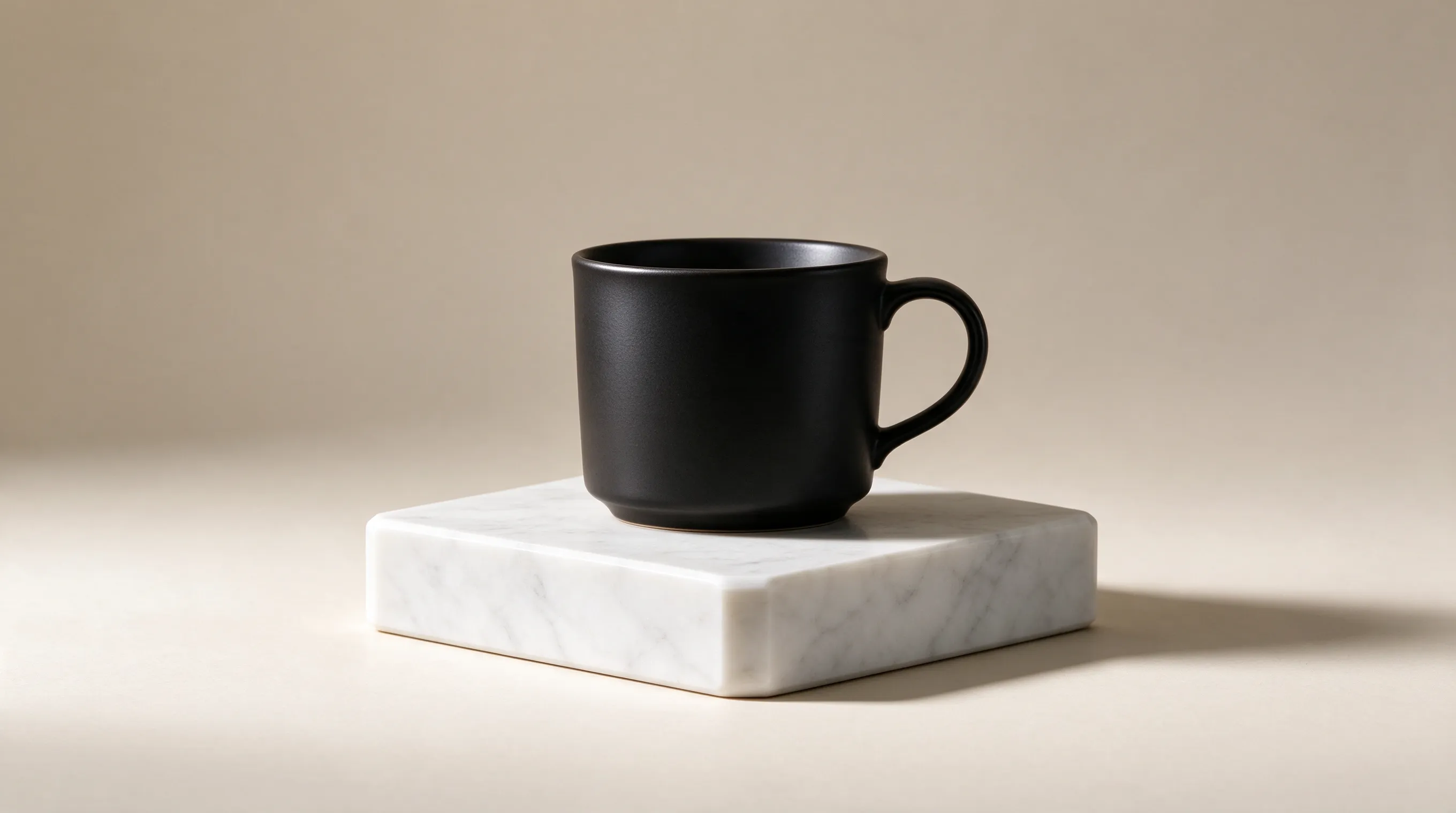 Minimalist product photography of a matte black ceramic coffee cup on a white marble pedestal, soft studio lighting from the left, long subtle shadow, clean beige background, commercial advertising style, sharp focus, 4k