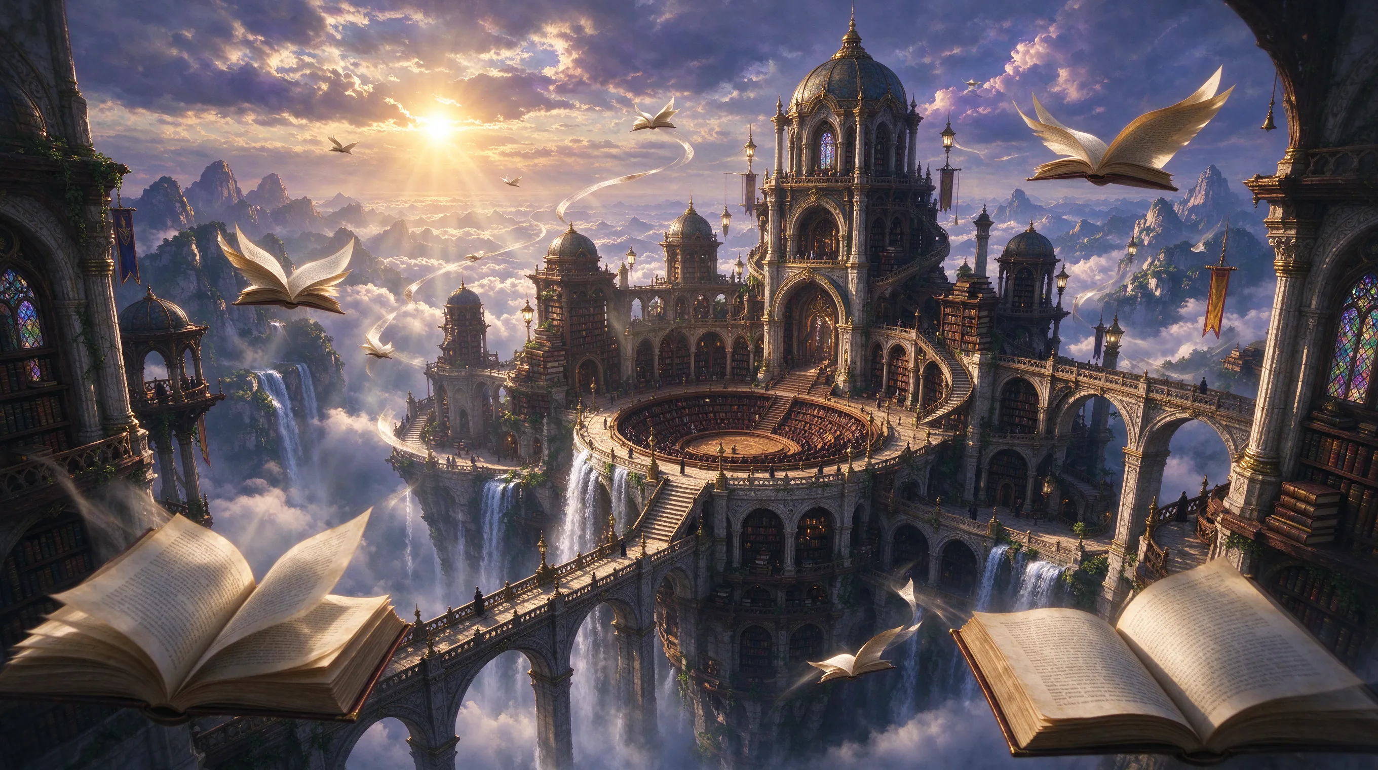 An ancient floating library above the clouds, giant books flying like birds, golden sunset light breaking through, waterfalls pouring off the edge into the sky, epic fantasy concept art, intricate architecture, volumetric light, trending on ArtStation, ultra detailed