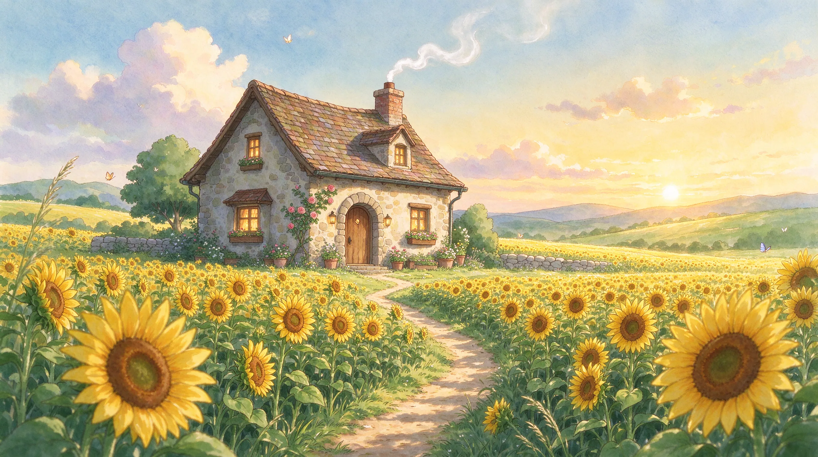 A cozy cottage in a sunflower field at golden hour, warm light through windows, smoke curling from chimney, fluffy clouds, Studio Ghibli inspired illustration, soft pastel colors, hand-painted texture, whimsical and peaceful