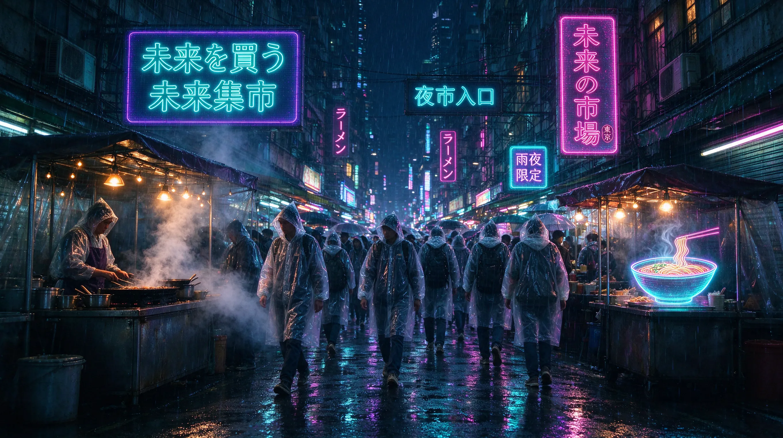 Cyberpunk street market at night, rain, holographic advertisements in Chinese and Japanese, crowded with people in translucent raincoats, steam rising from food stalls, purple and cyan color grading, blade runner aesthetic, ultra wide angle, cinematic composition