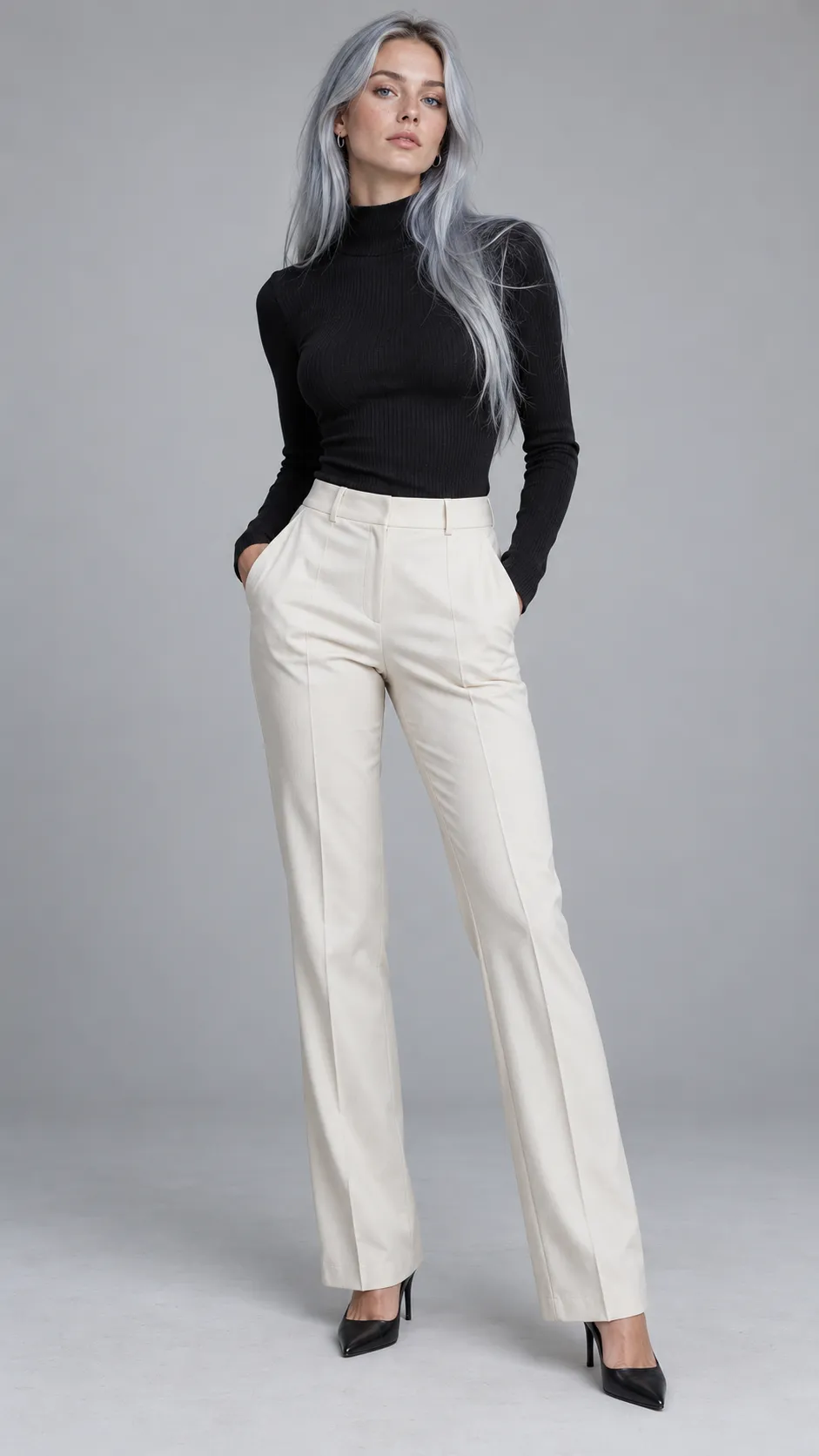 Create a photorealistic full-body studio fashion photograph of a 26-year-old Dutch woman, approximately 174 cm tall, with a slender but naturally proportioned figure, fair neutral skin, pale blue eyes, and a long straight silver-blue hairstyle reaching her mid-back. The color should look like realistic salon-dyed hair with subtle tonal variation rather than metallic synthetic strands. She wears a fitted black mock-neck top, tailored ivory trousers, small silver hoops, and pointed black heels. Her expression is cool and confident without exaggerated posing. Soft neutral studio illumination, pale-gray seamless background, realistic skin pores, detailed individual hairs, crisp trouser seams, natural body proportions, premium modern fashion campaign aesthetic, full head-to-toe composition with both shoes visible, vertical 9:16. No text, no watermark, no artificial facial smoothing.