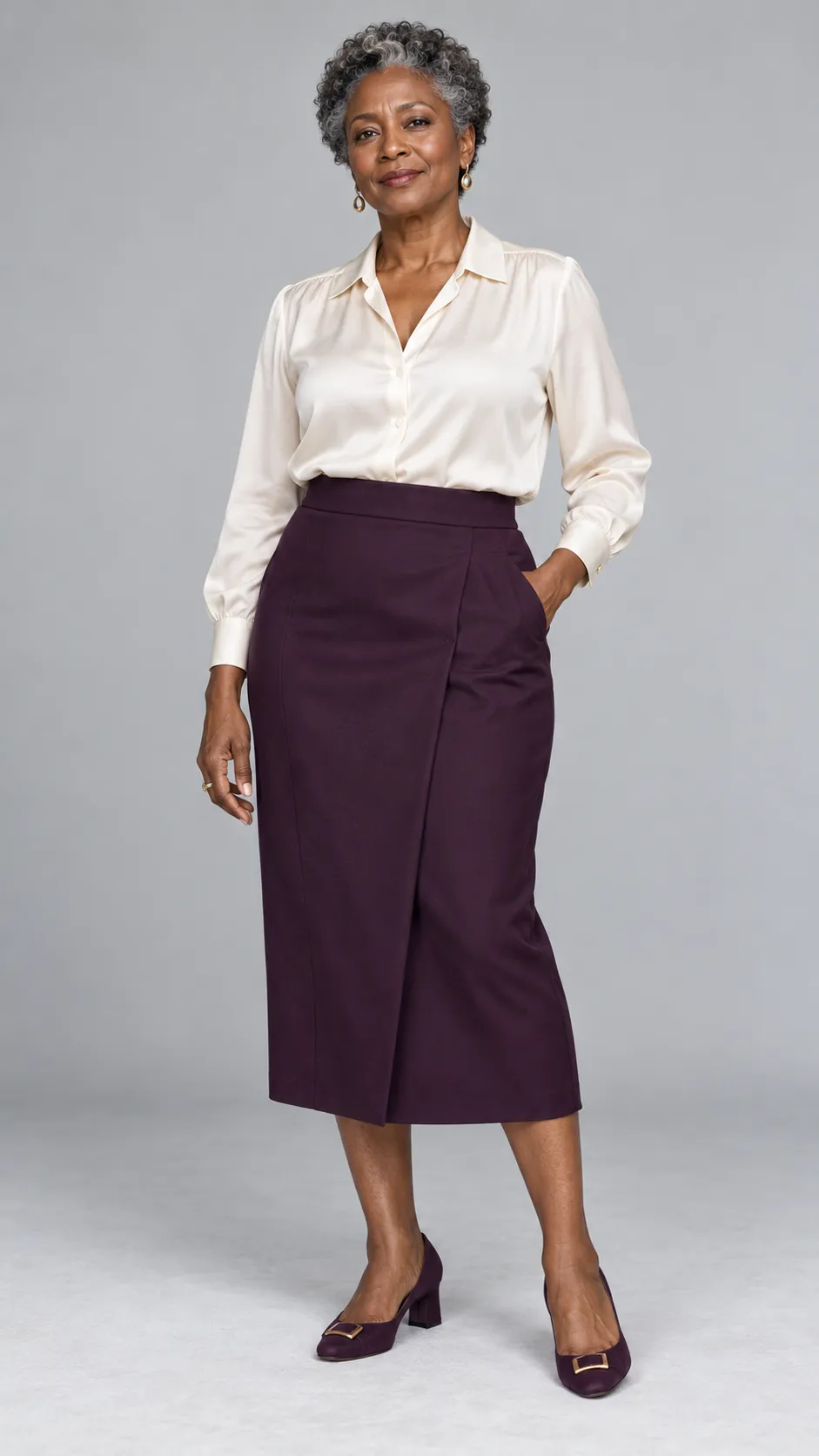 Generate a photorealistic full-body luxury fashion portrait of a 55-year-old Black woman, approximately 169 cm tall, with a medium build, deep brown skin, warm dark eyes, and short natural coily hair with elegant silver-gray strands throughout. Preserve authentic mature facial features, fine expression lines, and realistic skin texture. She wears a soft ivory blouse, a dark-plum tailored midi skirt, understated gold earrings, and elegant low heels. Her posture is relaxed and dignified, with a calm expression and natural hand placement. Soft diffused studio lighting should preserve the richness of her skin and the silver detail in her hair. Seamless pale-gray background, subtle floor shadows, realistic garment folds, refined premium fashion catalog photography, full body and both shoes visible, vertical 9:16. No text, no watermark, no artificial de-aging.