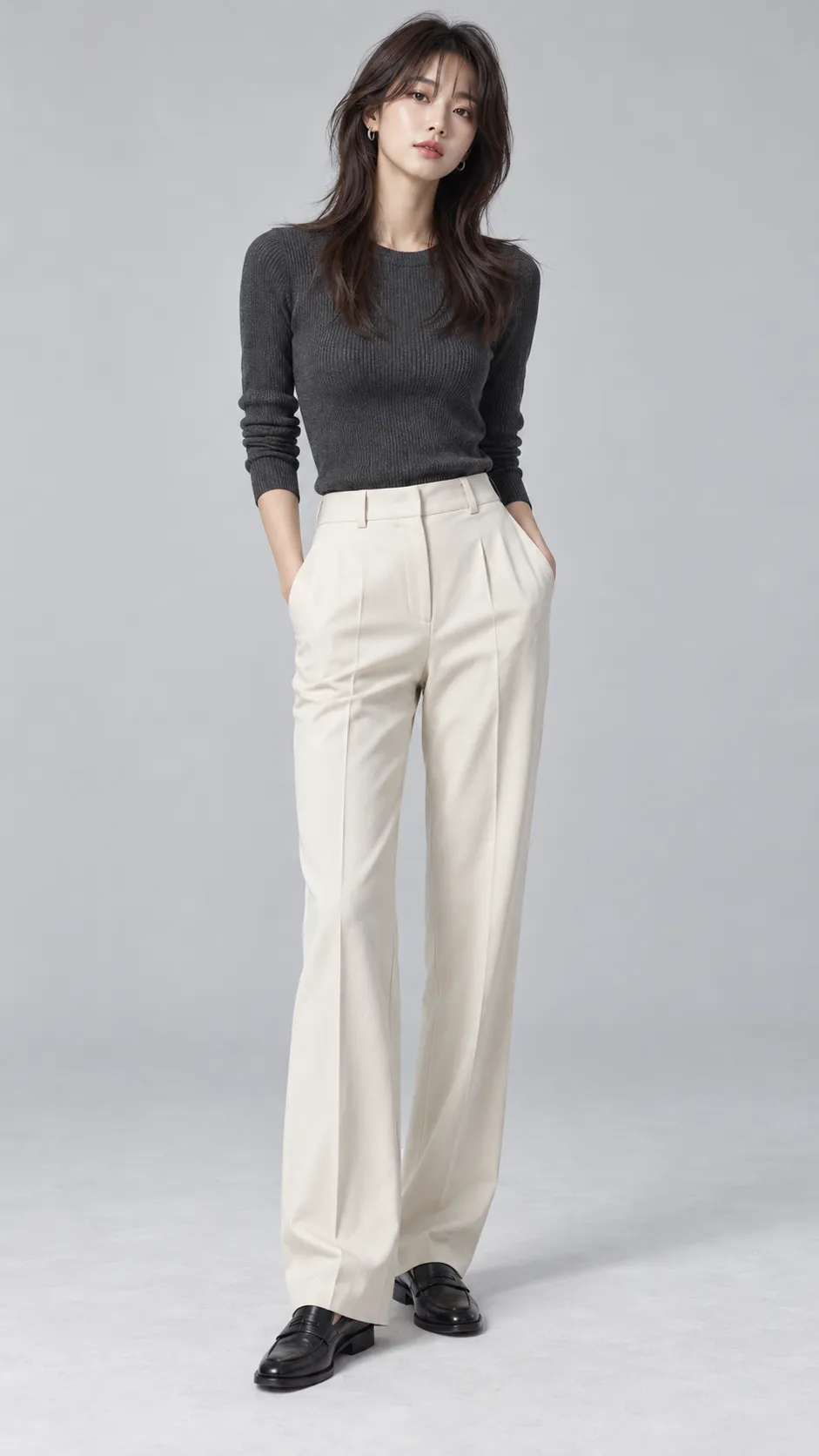 Create a photorealistic full-body studio fashion portrait of a 27-year-old Korean woman, approximately 176 cm tall, with a lean elongated silhouette, light neutral-beige skin, dark eyes, and a modern dark-brown wolf cut with layered ends, soft bangs, and natural volume. She wears a fitted charcoal knit top, high-waisted cream tailored trousers, delicate silver earrings, and black leather loafers. Her expression is understated and editorial, with realistic facial features and natural makeup. Maintain accurate tall-body proportions and believable clothing fit. Soft commercial studio lighting, seamless pale-gray background, realistic hair layering, visible knit texture, precise trouser creases, natural floor shadows, premium contemporary Korean fashion catalog photography, complete head-to-toe framing, vertical 9:16. No text, no watermark, no doll-like features.