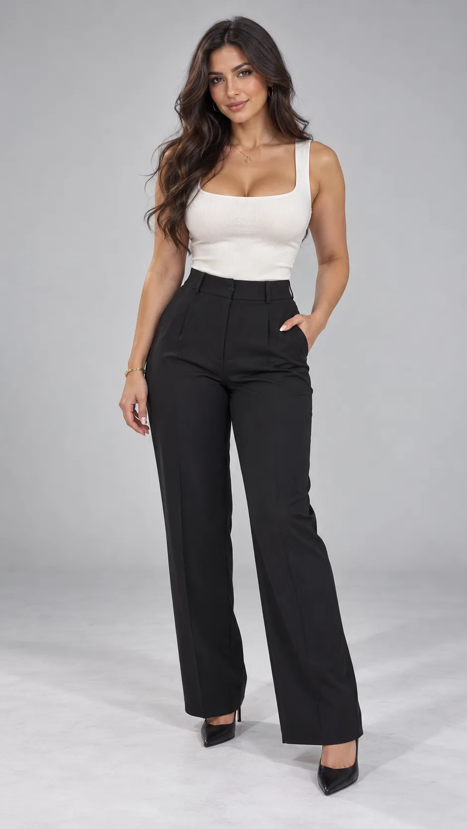 Create a premium photorealistic full-body studio fashion image of a 31-year-old Lebanese woman, approximately 175 cm tall, with a naturally curvy hourglass figure, warm olive-beige skin, deep brown eyes, and long dark espresso hair styled in glossy loose waves. She wears a fitted ivory square-neck top, high-waisted black tailored trousers, delicate gold jewelry, and elegant pointed heels. Her pose is poised but relaxed, with realistic shoulder alignment, natural waist and hip proportions, and relaxed hands. Use sophisticated natural makeup, realistic skin texture, and detailed hair strands. Soft diffused studio illumination, clean light-gray background, gentle floor shadows, realistic garment tension and tailoring, premium international e-commerce fashion photography, complete head-to-toe framing, both shoes visible, vertical 9:16. No text, no watermark, no artificial waist narrowing.