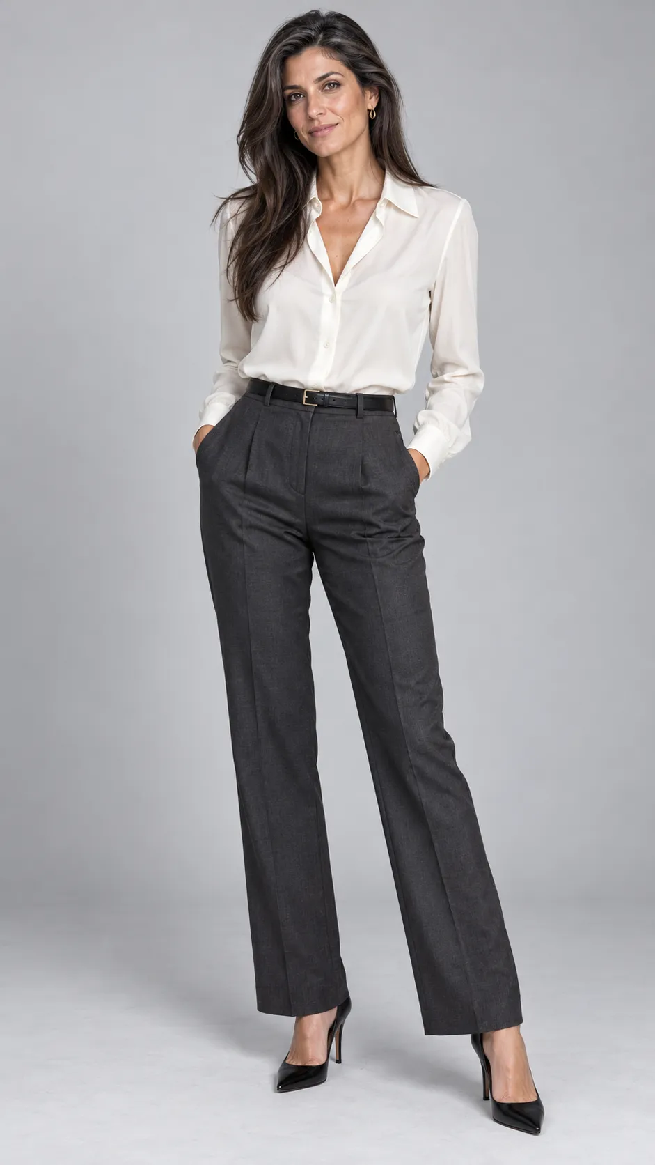 Generate a photorealistic full-body fashion portrait of a 38-year-old Italian woman, approximately 177 cm tall, with a slender mature figure, fair olive skin, dark brown eyes, and long dark-brown hair naturally streaked with a few silver strands, styled in loose straight layers. She wears a tailored ivory blouse, high-waisted charcoal trousers, a slim black belt, small gold earrings, and pointed black heels. Her face should show subtle maturity and realistic skin texture without appearing older than her age. Her posture is elegant and relaxed, with natural shoulder alignment and a slight turn of the torso. Soft diffused studio lighting, pale-gray seamless background, detailed hair strands, crisp tailoring, realistic fabric folds, premium Italian minimalist catalog photography, complete head-to-toe composition, vertical 9:16. No text, no watermark, no artificial de-aging.