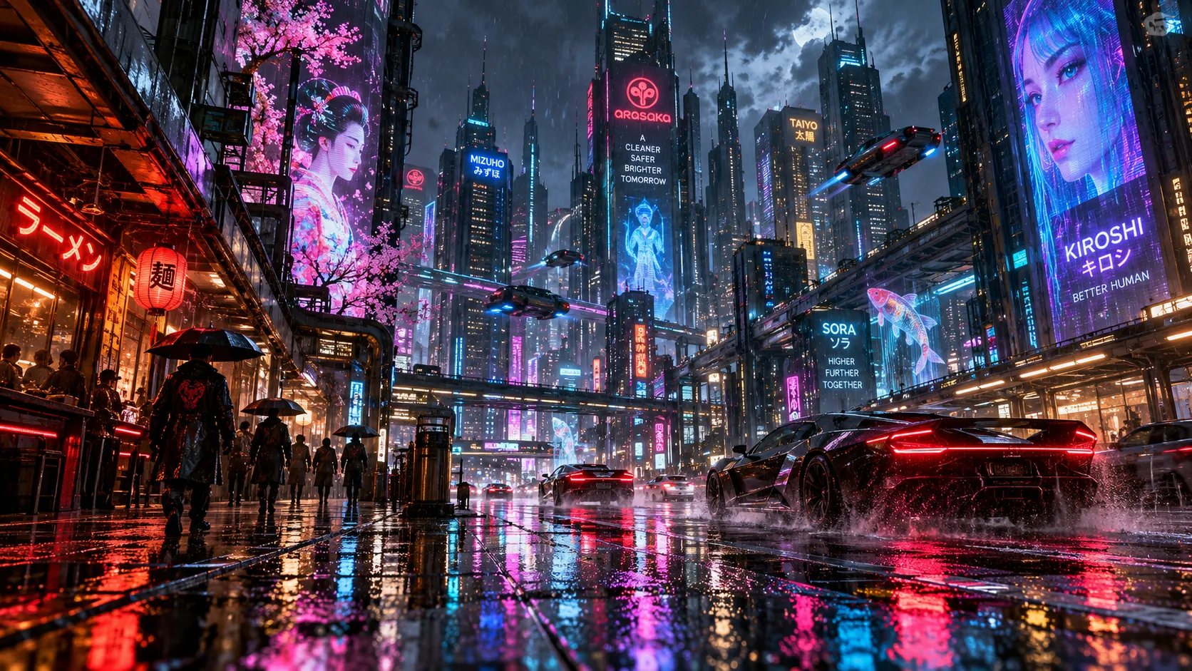 cyberpunk city at night, neon lights reflecting on wet streets, rain, towering skyscrapers, flying cars, cinematic lighting, ultra detailed, 8k, photorealistic