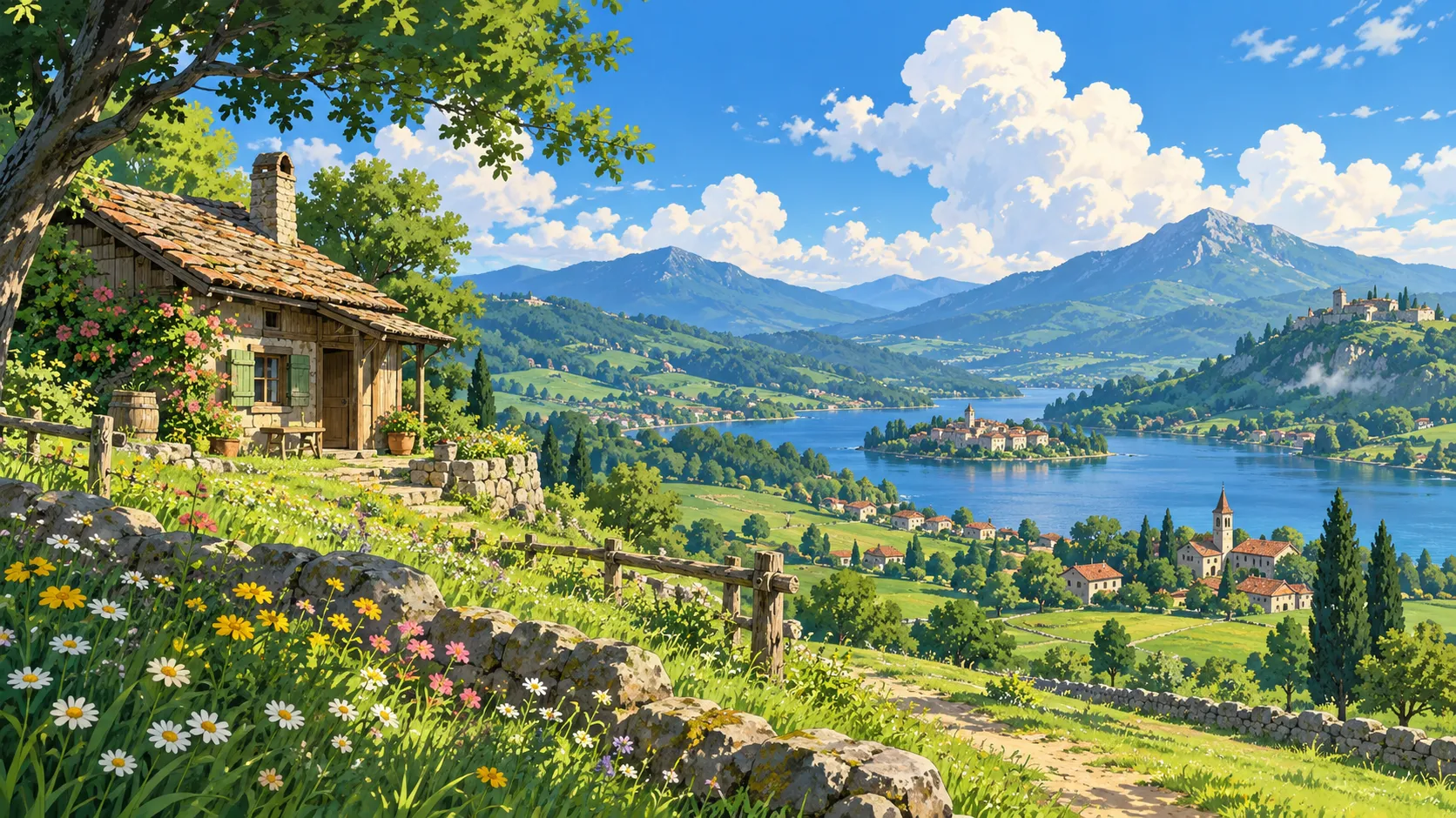 Studio Ghibli style, peaceful countryside, rolling green hills, small wooden house, wildflowers, blue sky with fluffy clouds, warm sunlight, anime scenery, highly detailed