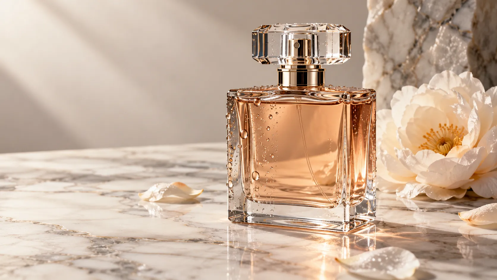 luxury perfume bottle on marble surface, soft studio lighting, water droplets, elegant shadows, minimalist background, product photography, high resolution, commercial advertising style