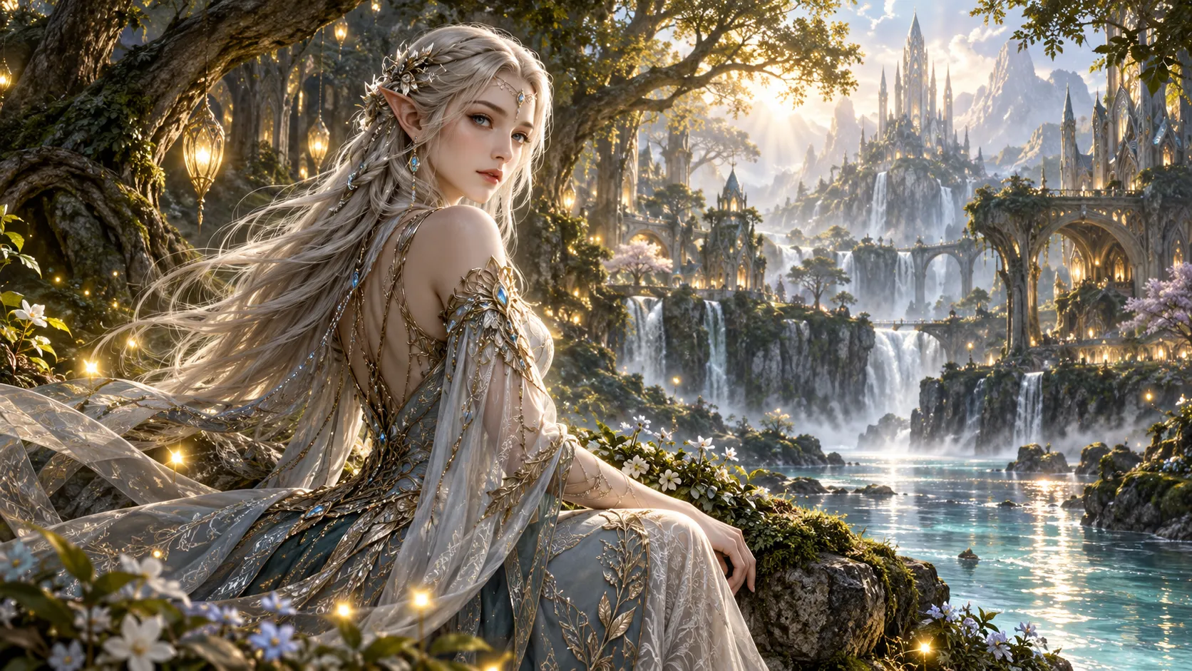 mystical forest, glowing fireflies, ethereal elf with silver hair, intricate fantasy costume, soft magical light rays through trees, cinematic, fantasy art, highly detailed, artstation trending