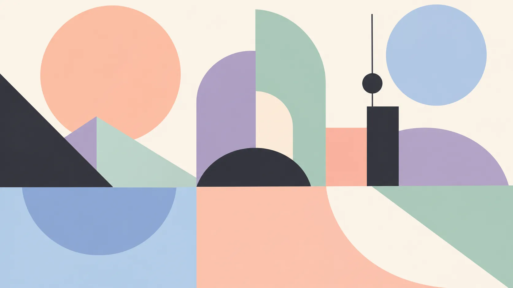 minimalist geometric illustration, abstract composition, pastel color palette, clean lines, flat design, modern art poster style, balanced layout, high contrast shapes